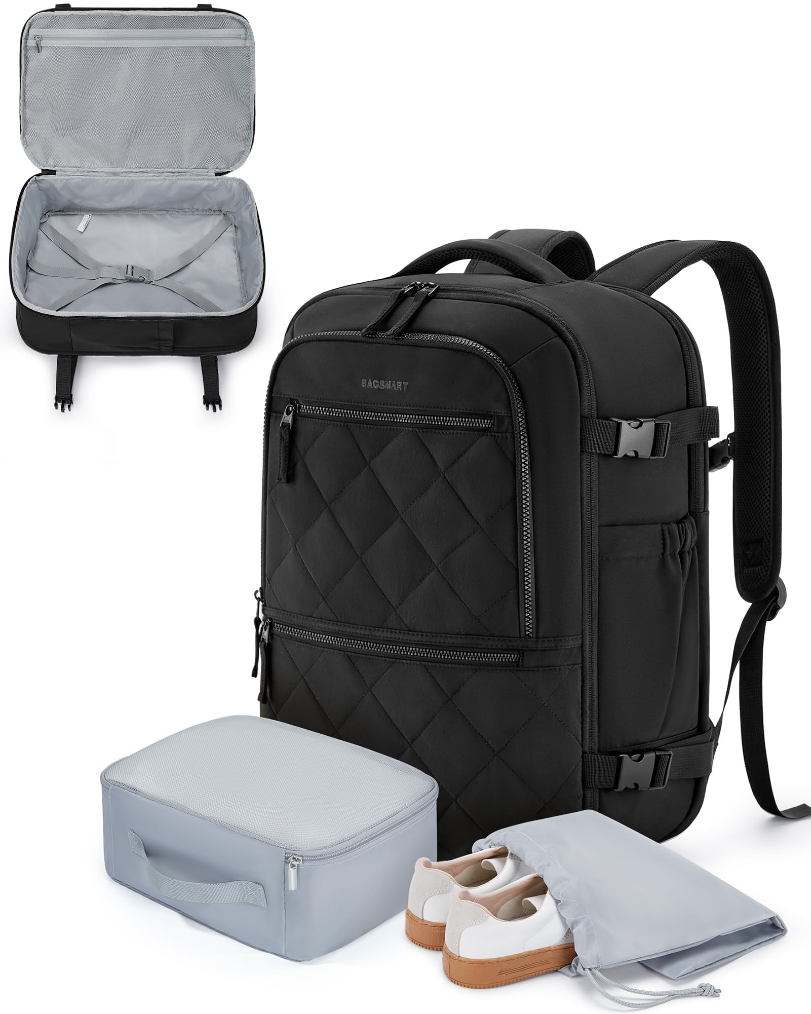 BAGSMART Travel Backpack for Women Men, 30L Carry on Backpack for Airplanes, 17 Inches Backpack for Women, with Shoe Bag & Storage Bag, Backpack Suitcase for Travel, Black