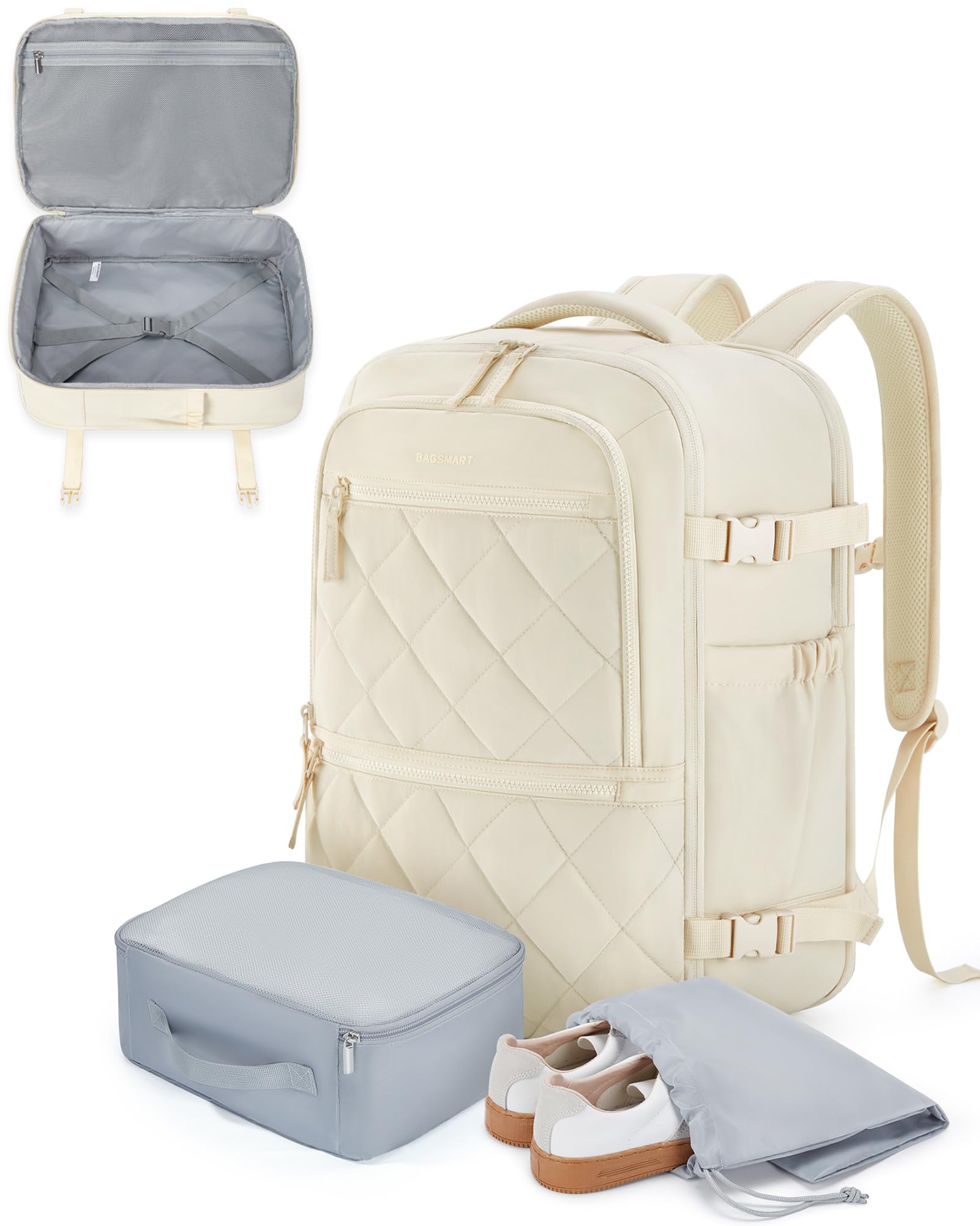 BAGSMART Travel Backpack for Women Men, 30L Carry on Backpack for Airplanes, 17 Inches Backpack for Women, with Shoe Bag & Storage Bag, Backpack Suitcase for Travel, Cream