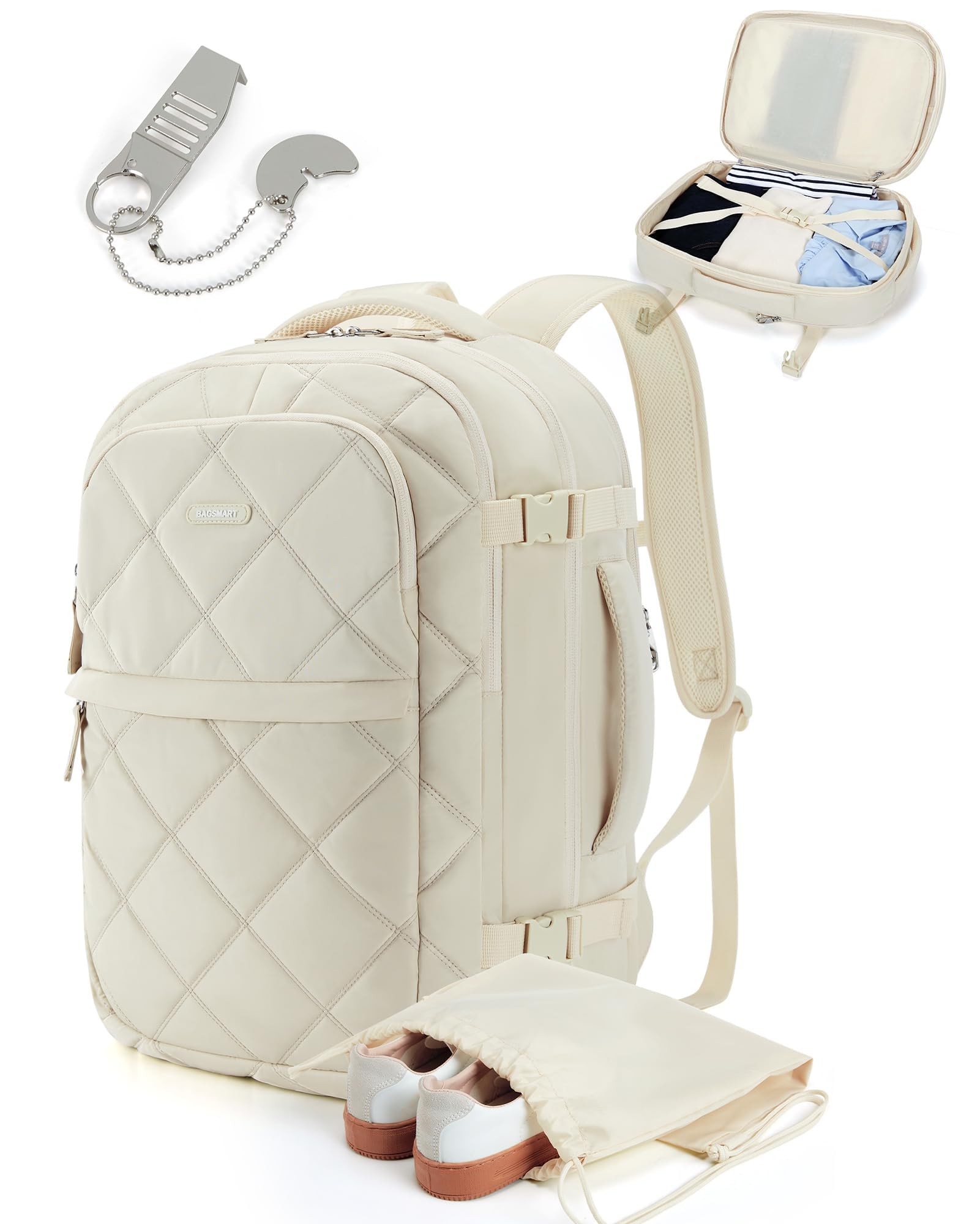 BAGSMART Travel Backpack, 30L Flight Approved Carry on Backpack with Door Lock, TSA Personal Item Backpack with Shoe Bag,Suitcase for Travel, Cream