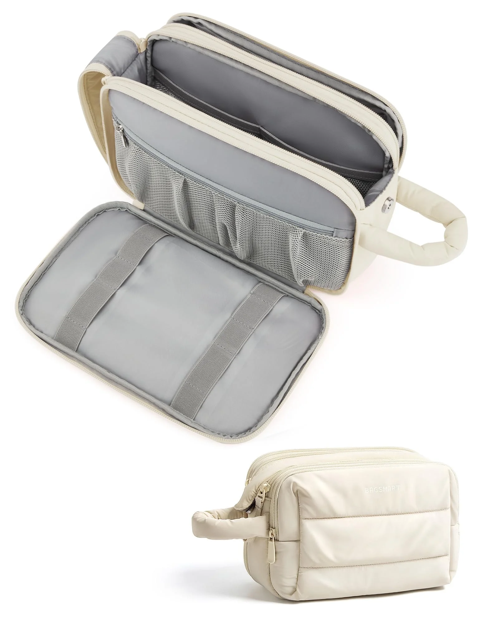 BAGSMART Travel Toiletry Bag for Women, Puffy Cosmetic Makeup Bag Organizer, Large Wide-open Travel Organizer for Toiletries, Dopp Kit Water-resistant Makeup Case for Accessories, Cream