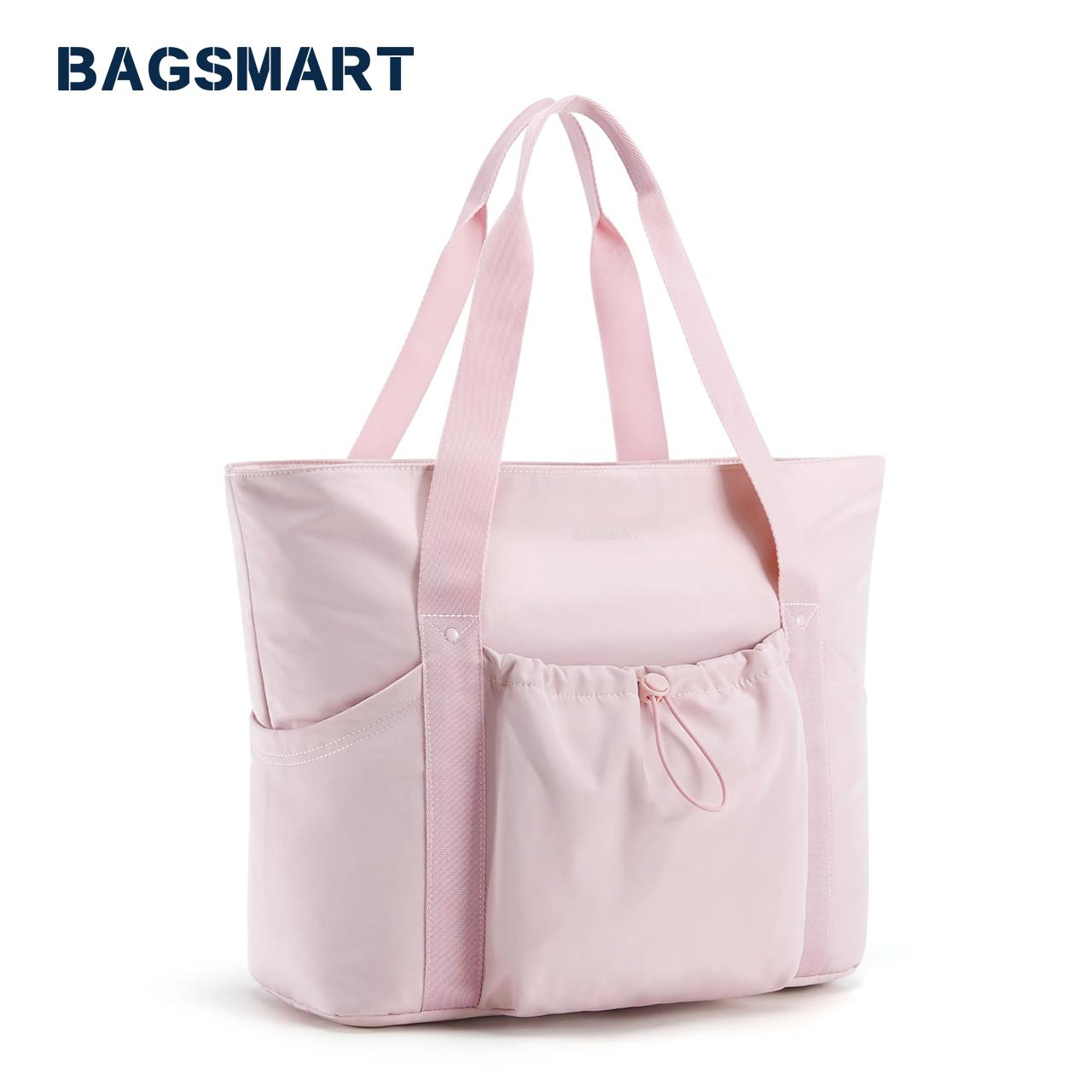 BAGSMART Tote Bag for Women, Tote Shoulder Bag with Laptop Compartment and Zipper Handbag for Travel, Work, Pink