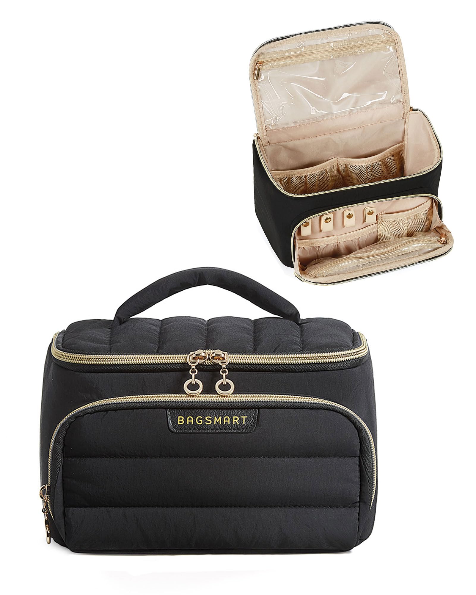 BAGSMART Travel Makeup Bag with Jewelry Organizer, Portable Make Up Bag, Puffy Wide-Opening Cosmetic Storage Pouch for Women’s Toiletries and Travel Essentials, Black
