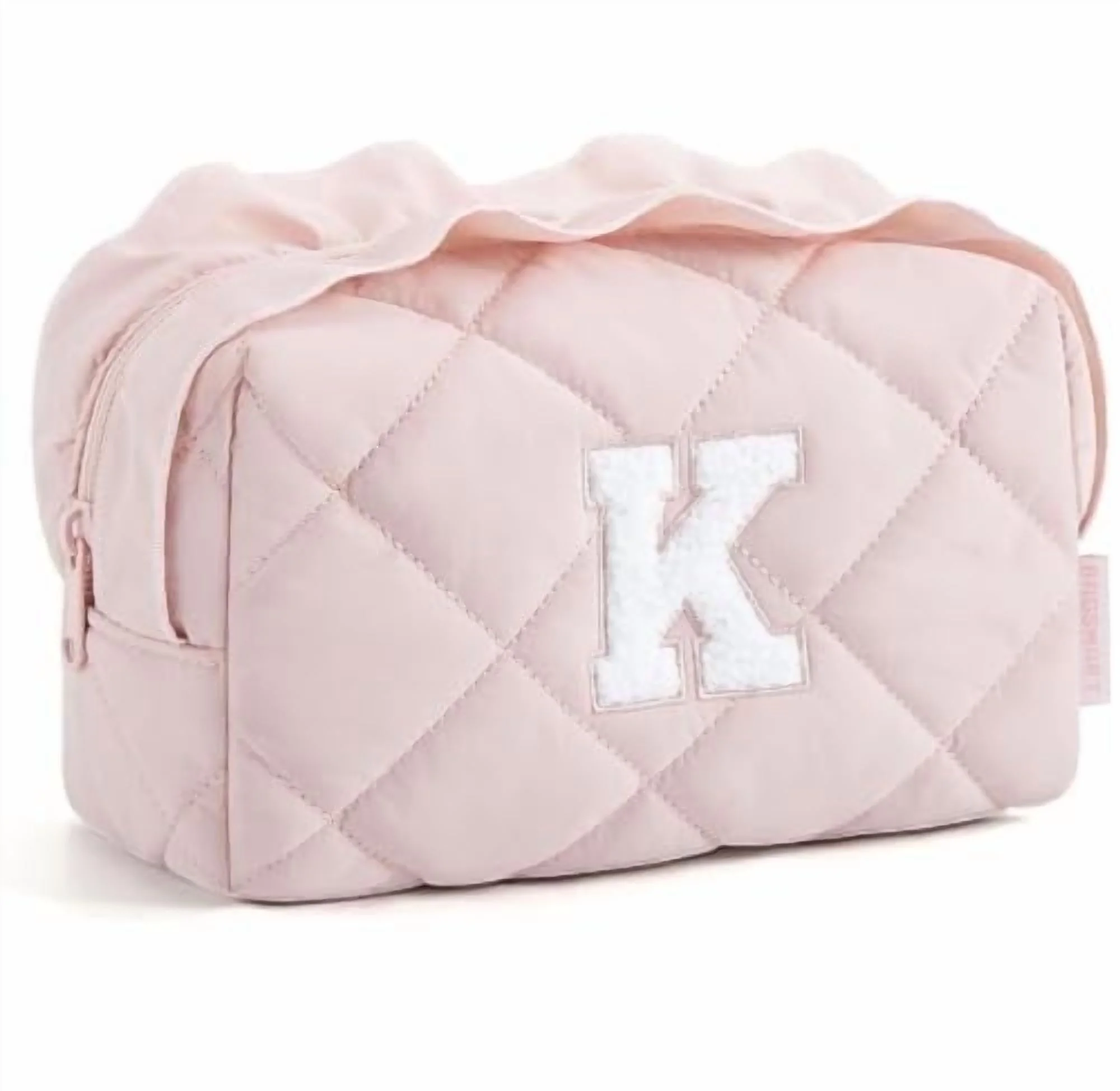 BAGSMART Small Makeup Bag, Travel Personalized Initial Cosmetic Bags for Women, Pink Makeup Pouch, Make up Organizer Case, Puffy Pouch Purse, Travel Essentials, Toiletries Accessories Brushes(K, Pink)
