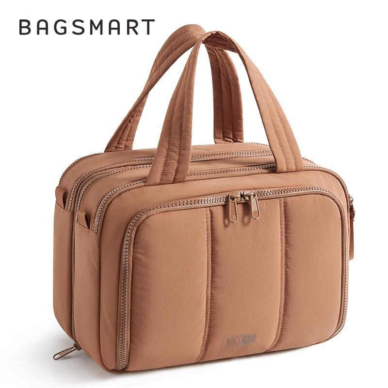 BAGSMART Hanging Toiletry Bag, Large Wide-open Travel Bag, Puffy Cosmetic Makeup Bag Organizer with Handle for Accessories, Essentials, Toiletries, Brown