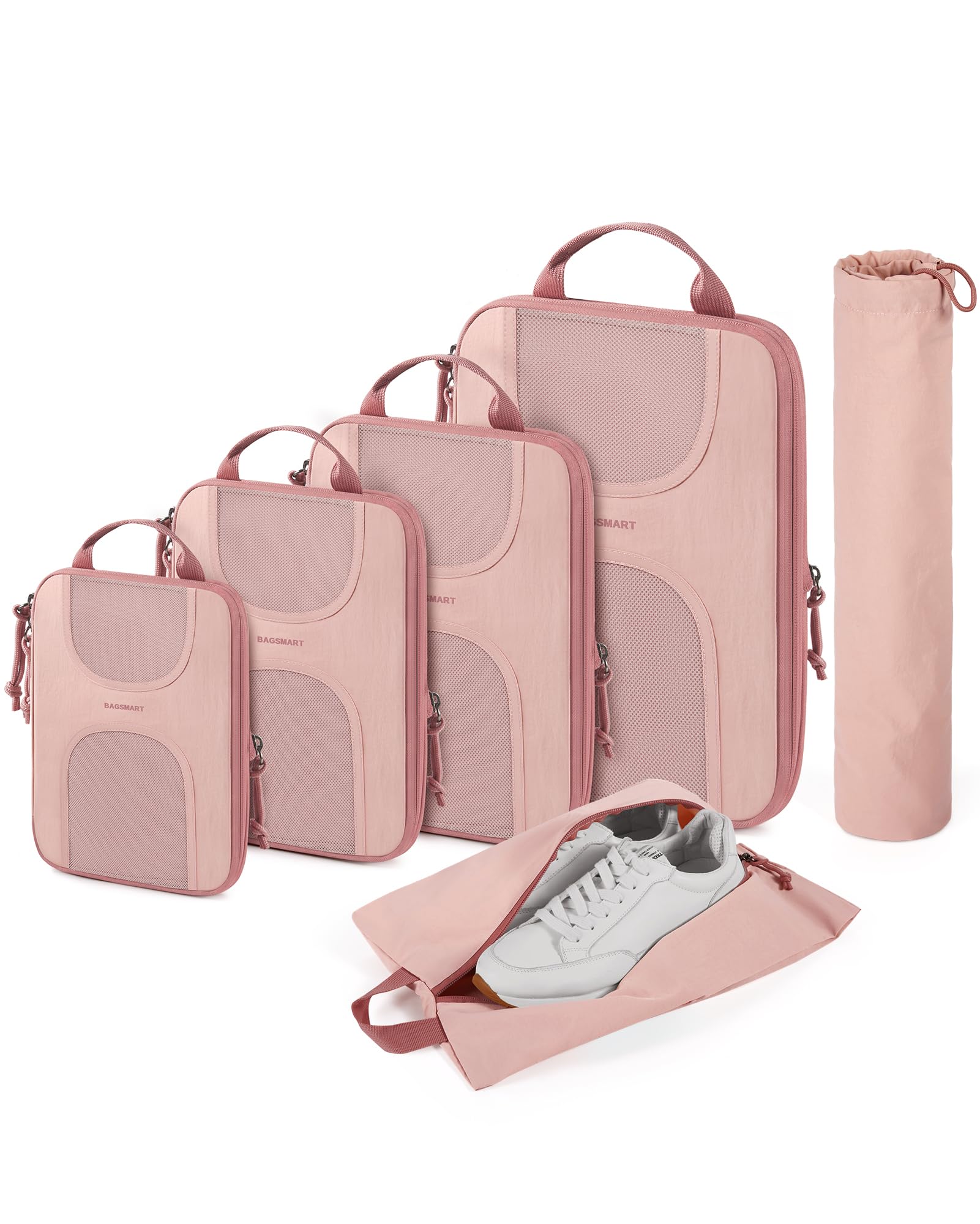 BAGSMART 6 Pcs Compression Packing Cubes, Travel Packing Organizers for Suitcases, Luggage Storage Bags Sets with Shoe Bag, Expandable Foldable Lightweight, Pink