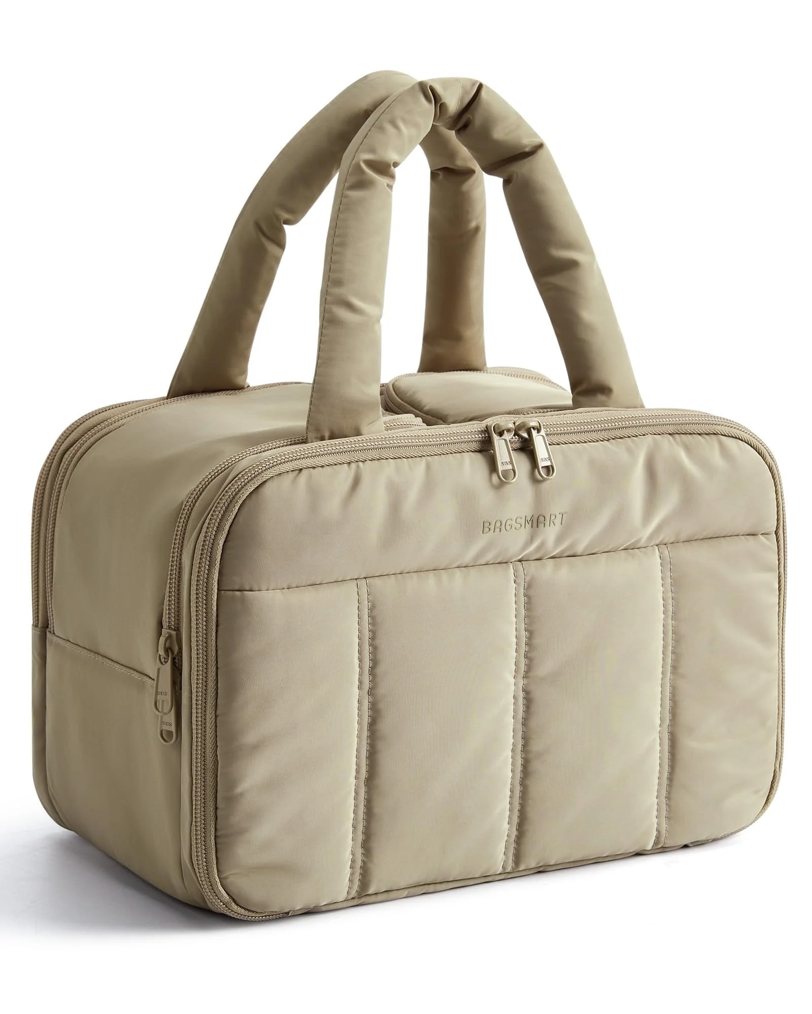 BAGSMART Travel Toiletry Bag, Puffy Large Toiletry Bag for Women, Lightweight Cosmetic Makeup Bag Organizer with Handle for Traveling, Accessories, Essentials, Toiletries, Camel