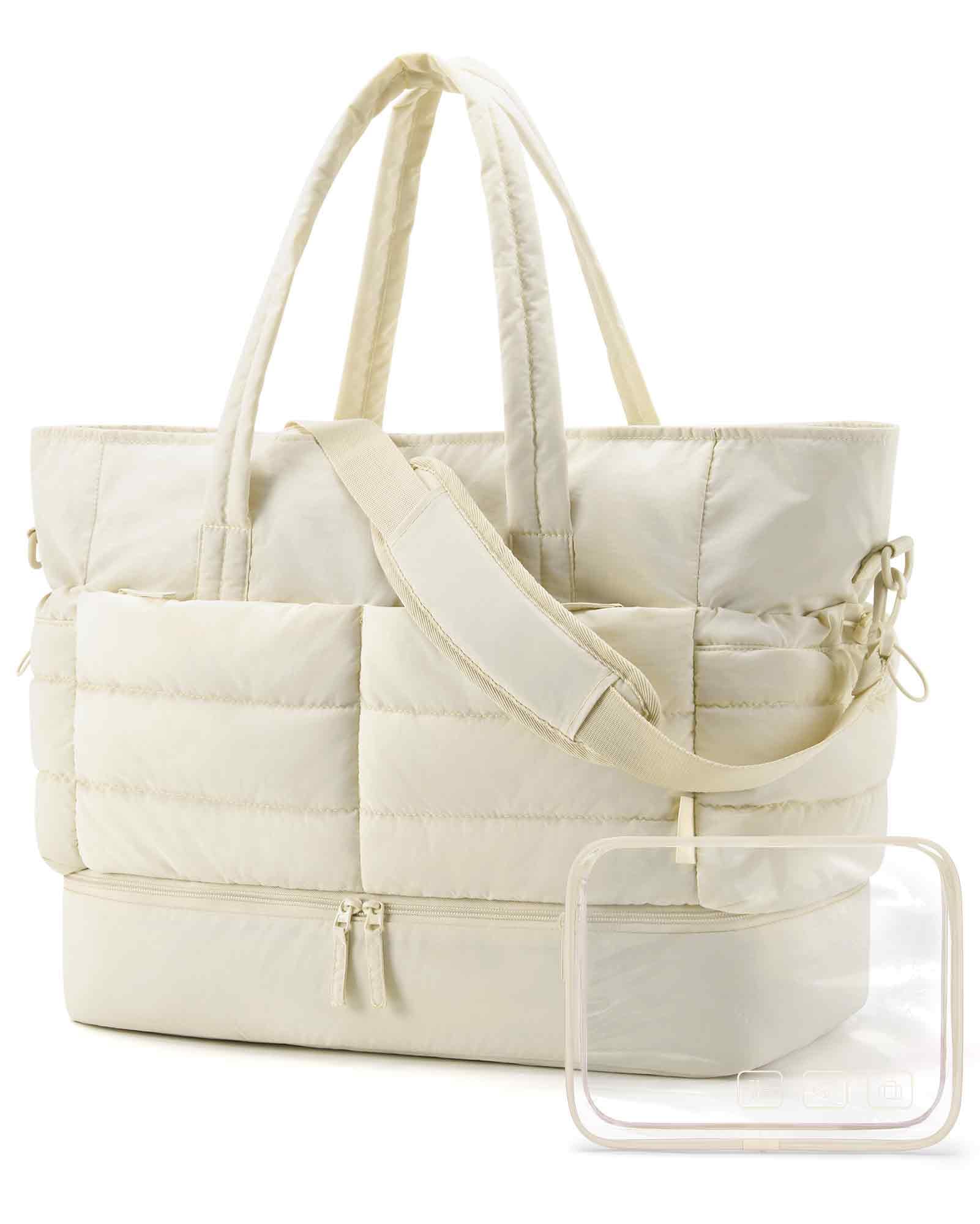 BAGSMART 48L Large Travel Duffel Bag with Shoe Compartment, Puffer Carry-On Gym Weekender Bag for Women, Cream