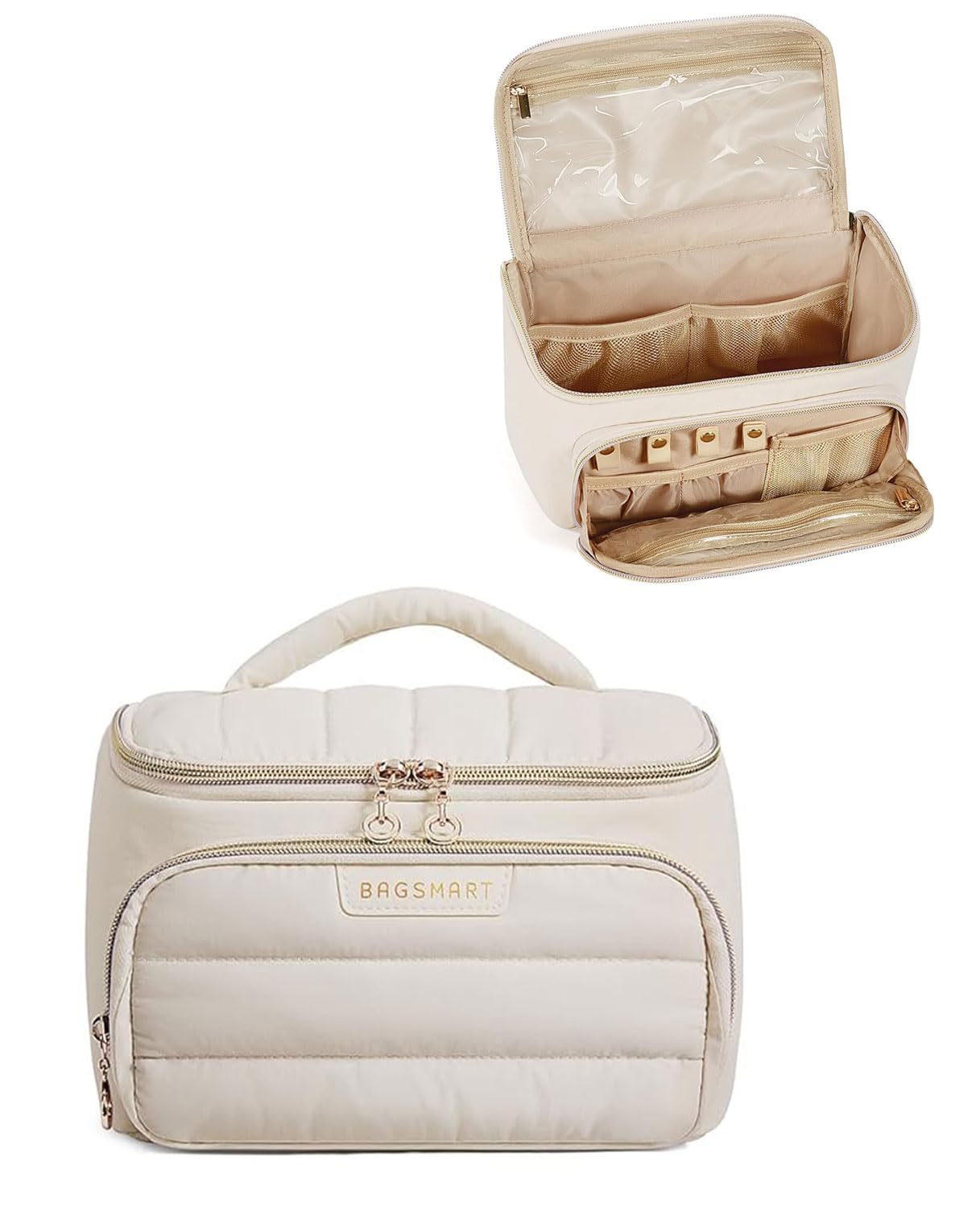 BAGSMART Travel Makeup Bag with Jewelry Organizer, Portable Make Up Bag, Puffy Wide-Opening Cosmetic Storage Pouch for Women’s Toiletries and Travel Essentials, Cream