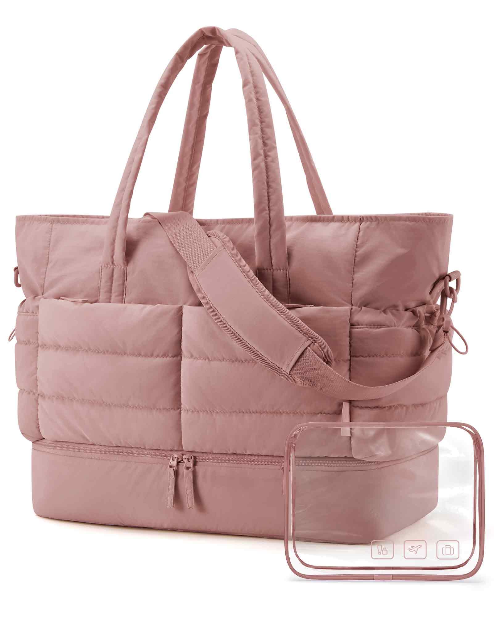 BAGSMART 48L Large Travel Duffel Bag with Shoe Compartment, Puffer Carry-On Gym Weekender Bag for Women, Dark Pink