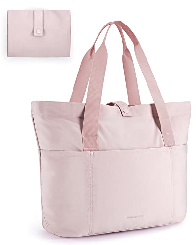 BAGSMART Tote Bag for Women, Foldable Tote Bag With Zipper Travel Large Shoulder Bag Handbag for Work, Pink