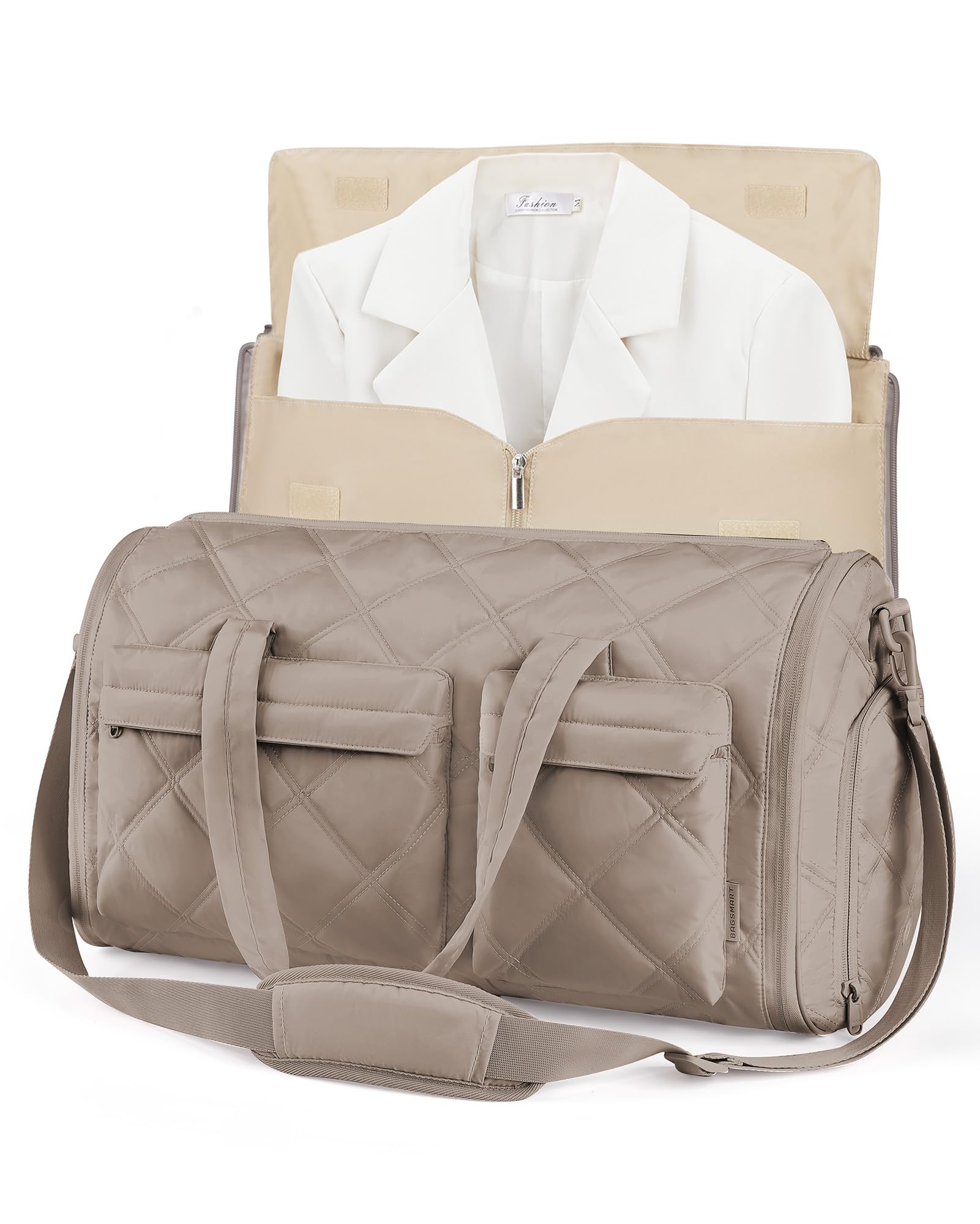 BAGSMART Garment Bags for Travel for Women, Convertible Garment Duffel Bag Suit Bag, 2 in 1 Puffy Garment Bags for Hanging Clothes, Carry on Travel Duffle Bag Combo with Shoe Compartment, Camel