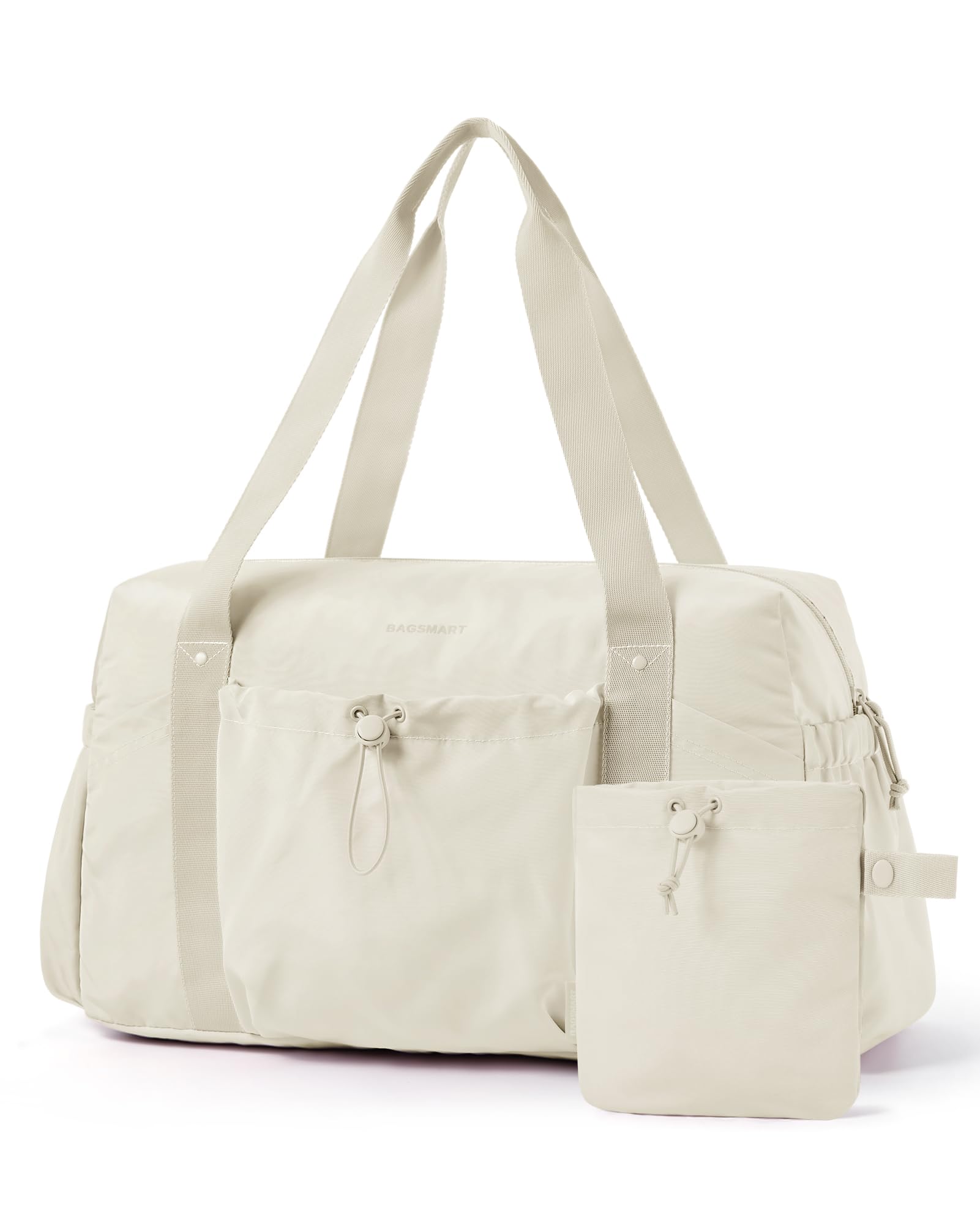 BAGSMART Foldable Travel Duffle Bag For Women, Gym Tote Bag for Sports, 26L Airport Carry On Weekender Overnight Bag for Travel, Travel Accessories, Cream
