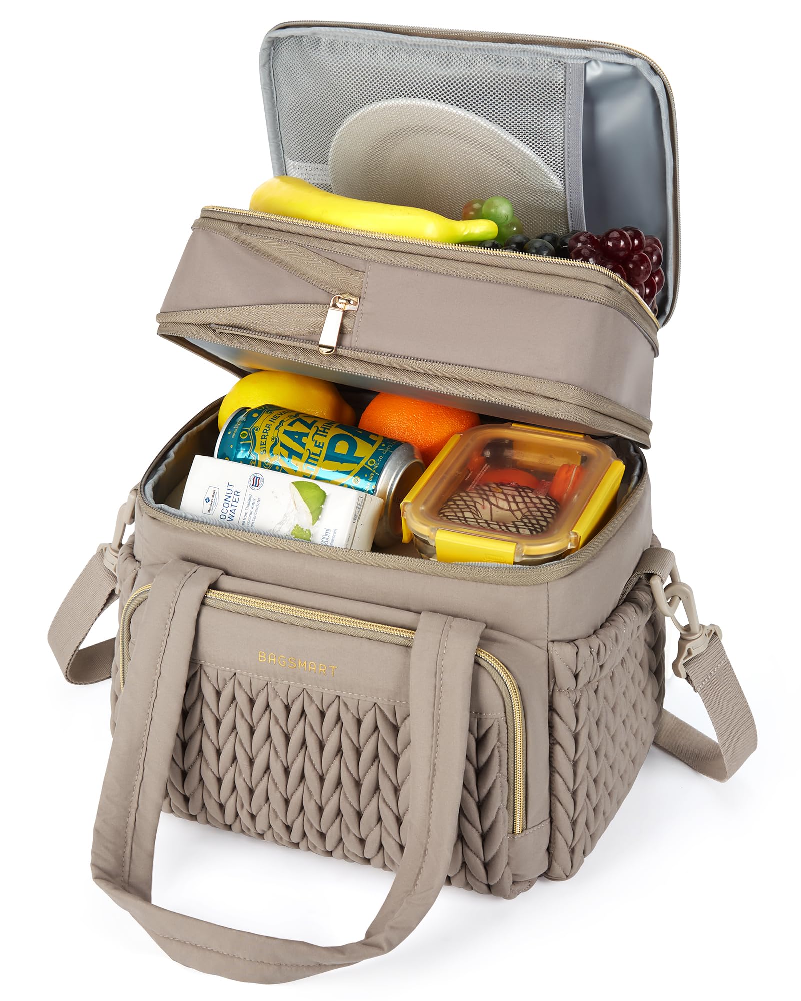 BAGSMART Insulated Lunch Box for Women, Double Deck Leakproof Cooler Bag with Expandable Design for Office Work & Outdoor Picnic, Camel