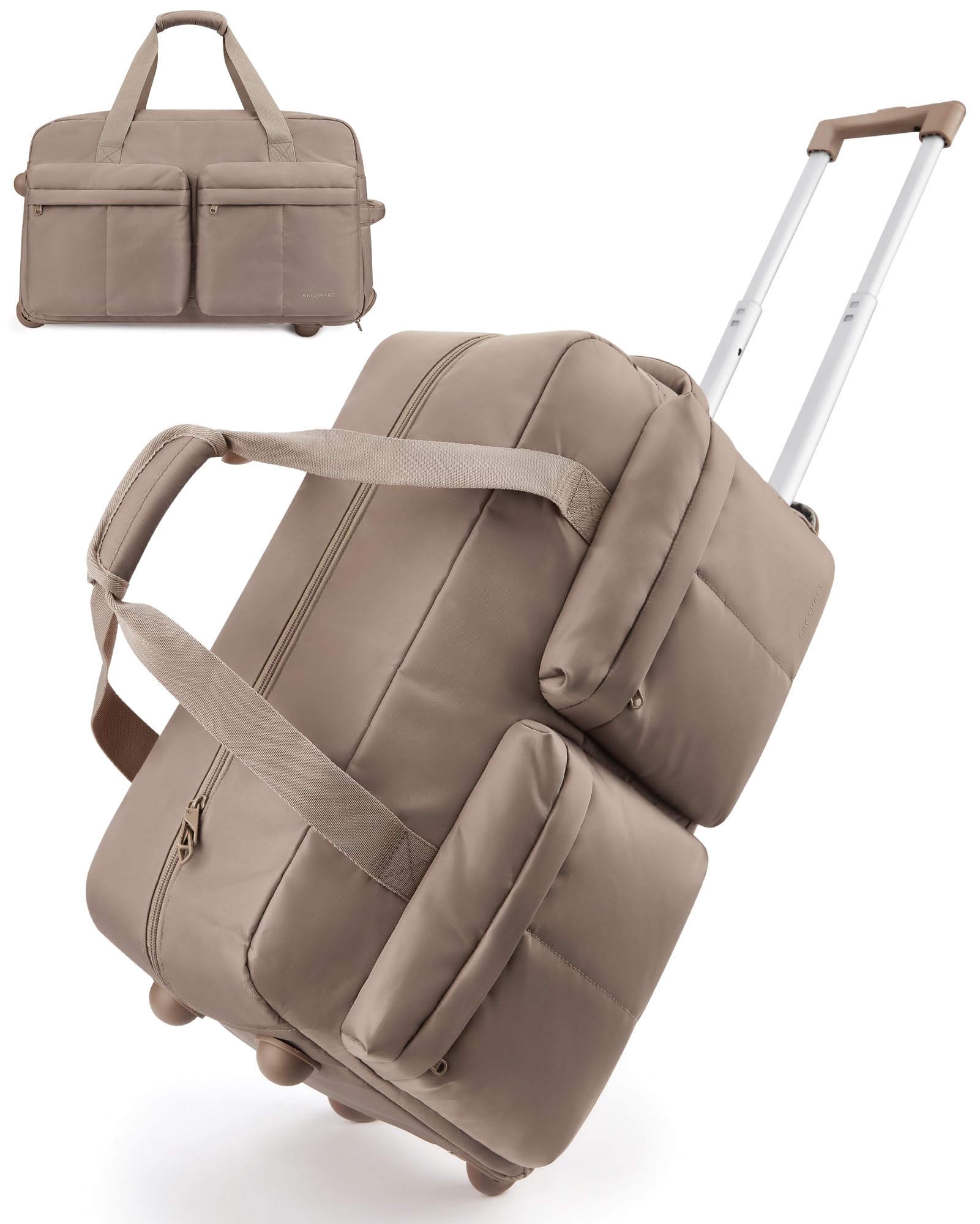 BAGSMART Rolling Duffle Bag with Wheels, Carry On Wet Pocket Duffel for Travel with Handle, Brown