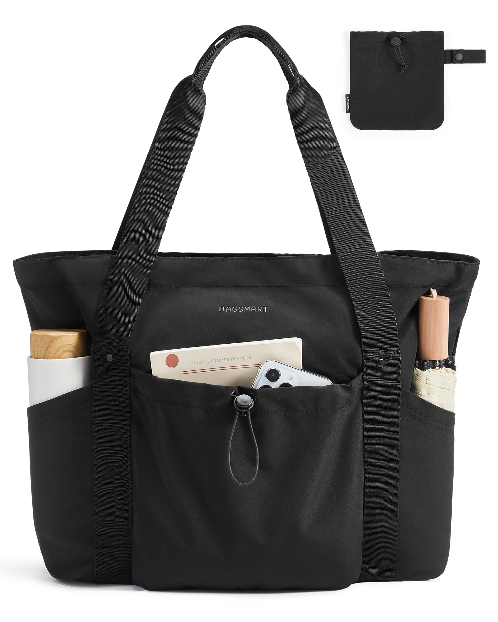 BAGSMART Tote Bag for Women, Tote Shoulder Bag with Laptop Compartment and Zipper Handbag for Travel, Work, Black
