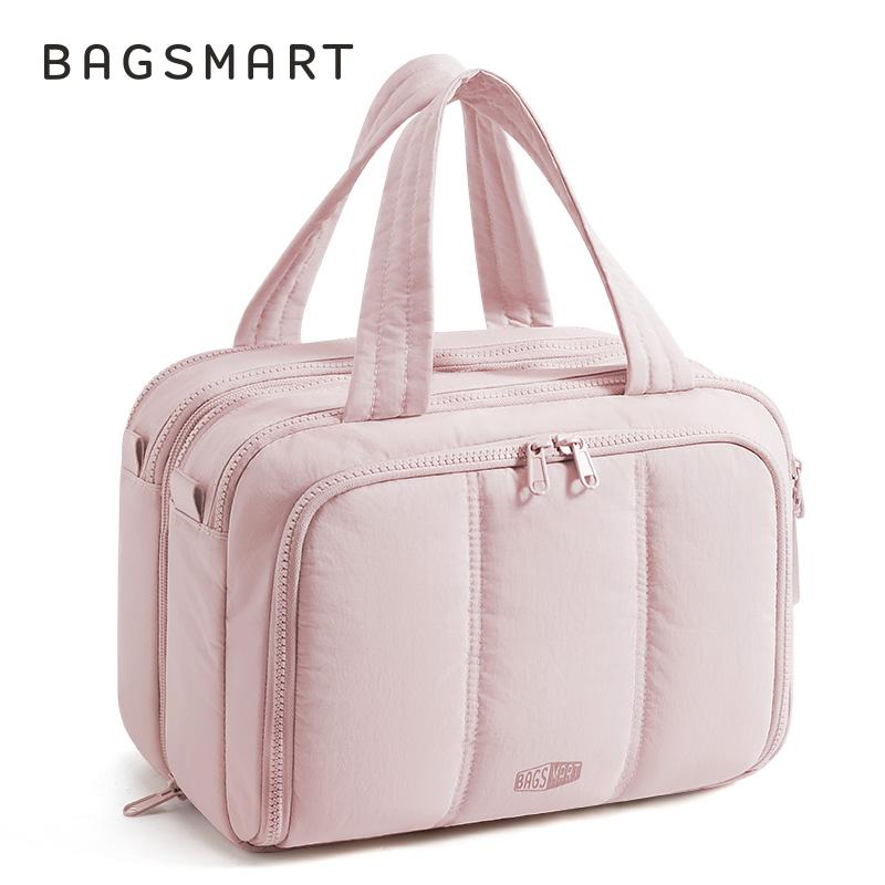 BAGSMART Hanging Toiletry Bag, Large Wide-open Travel Bag, Puffy Cosmetic Makeup Bag Organizer with Handle for Accessories, Essentials, Toiletries, Pink