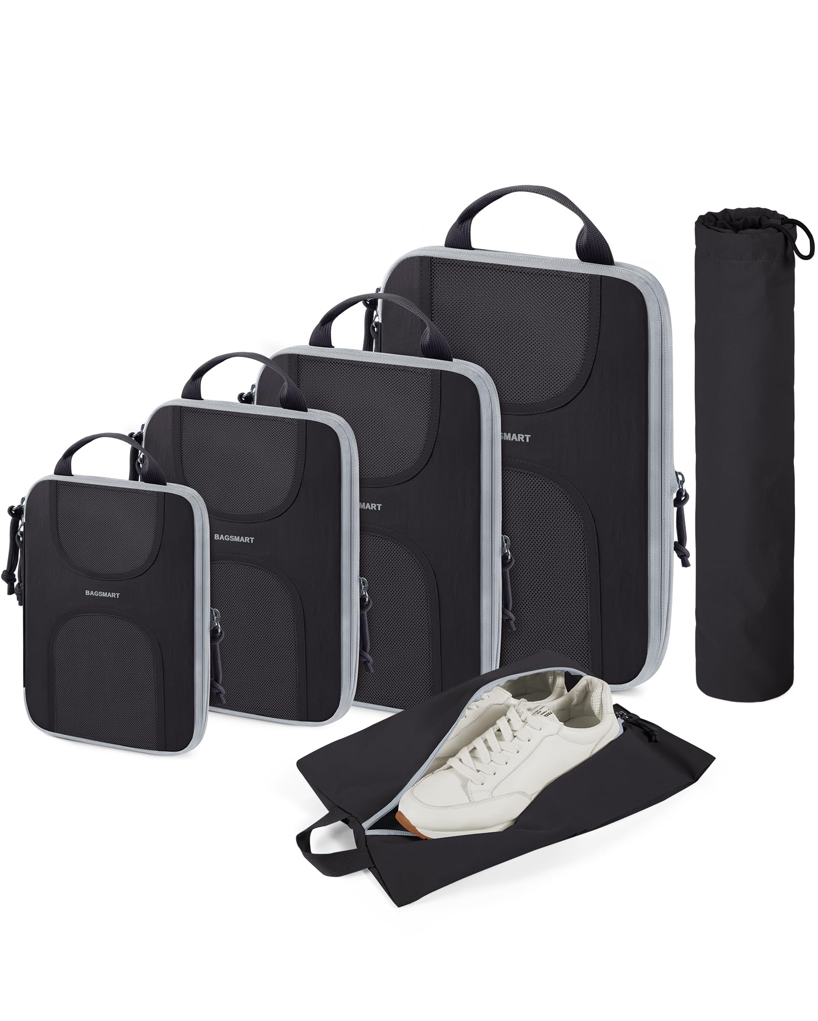 BAGSMART 6 Pcs Compression Packing Cubes, Travel Packing Organizers for Suitcases, Luggage Storage Bags Sets with Shoe Bag, Expandable Foldable Lightweight, Black