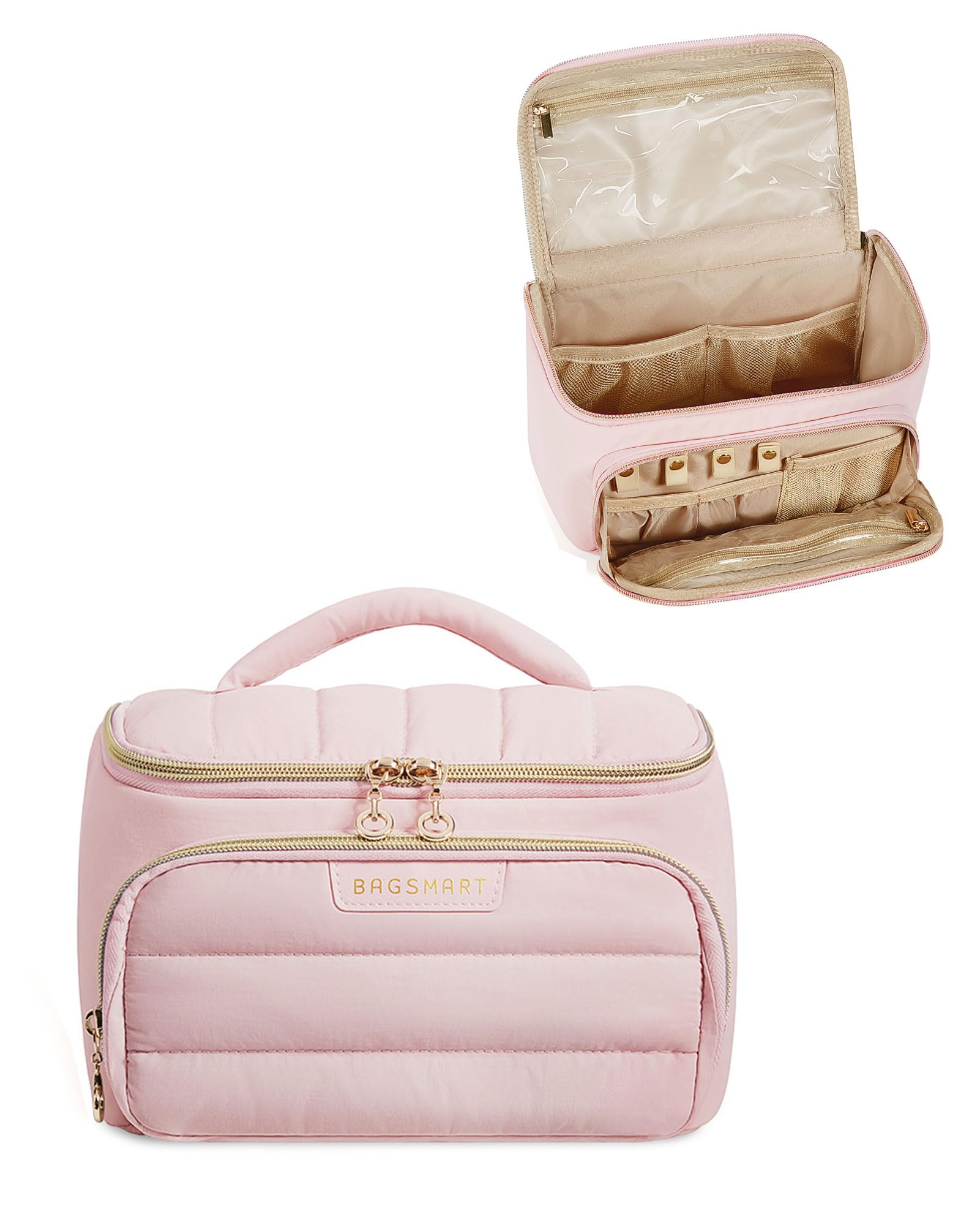 BAGSMART Travel Makeup Bag with Jewelry Organizer, Portable Make Up Bag, Puffy Wide-Opening Cosmetic Storage Pouch for Women’s Toiletries and Travel Essentials, Pink