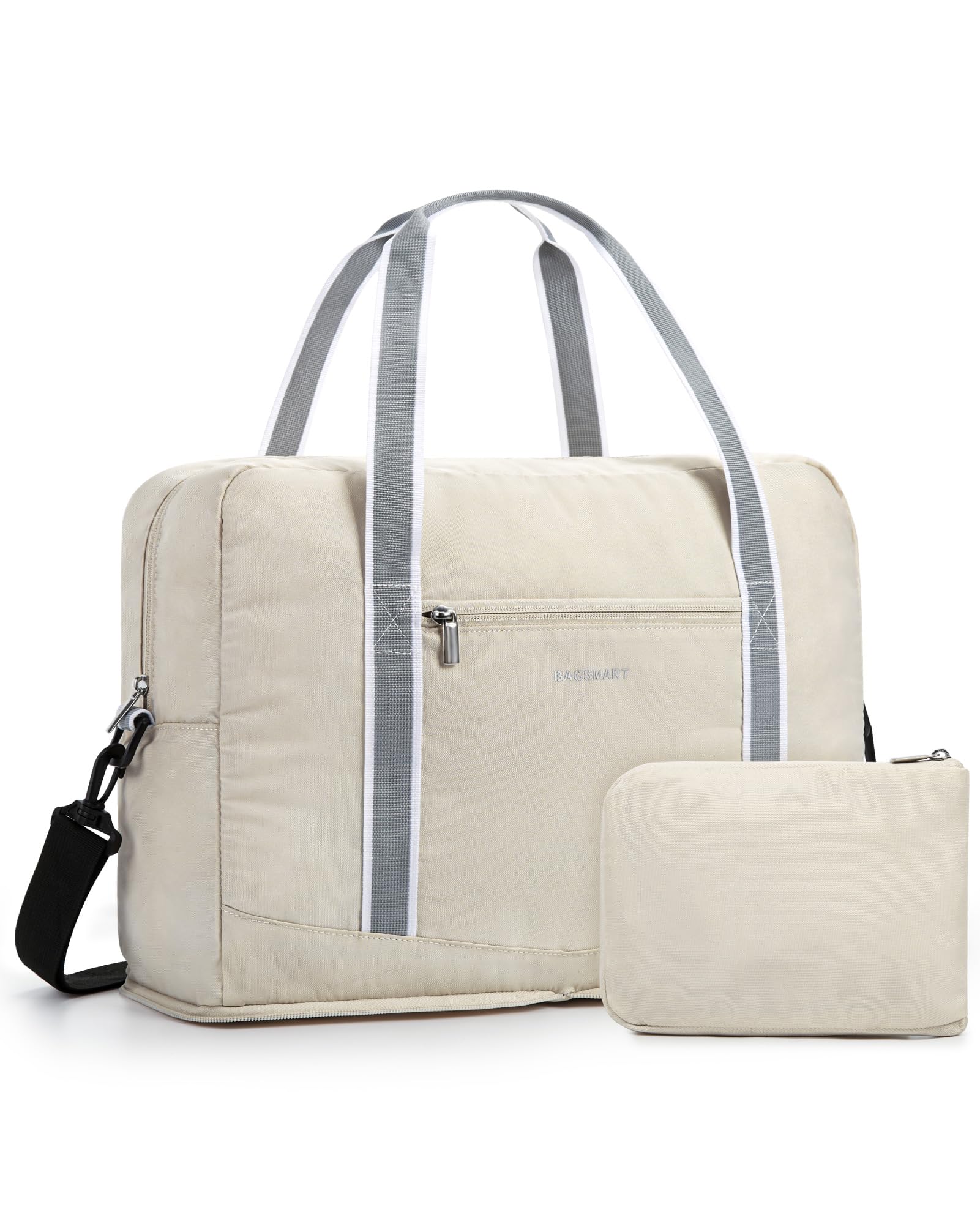 BAGSMART For Spirit Airlines Personal Item Bag 18x14x8, Foldable Travel Duffel Bag Tote Weekend Overnight Bag Carry on Luggage for Women and Men, Cream
