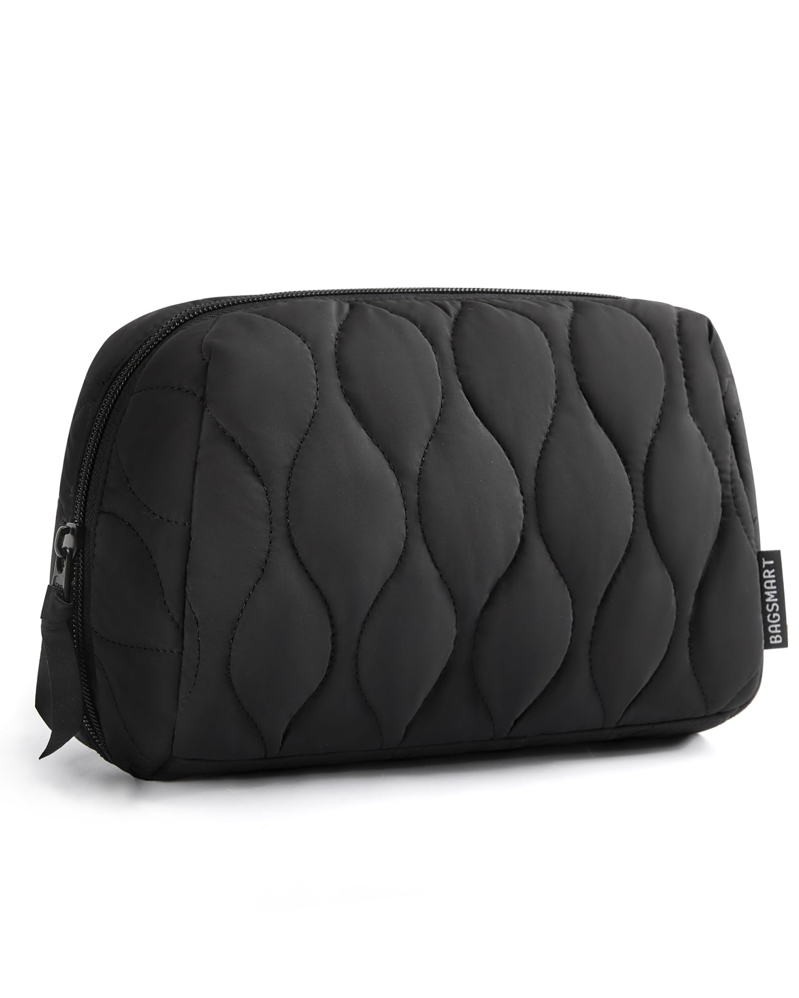 BAGSMART Makeup Bag, Travel Cosmetic Bag, Puffy Padded Make Up Bag for Women, Makeup Organizer Case, Wide-open Pouch Purse, Travel Essentials, Toiletries Accessories Brushes, Black