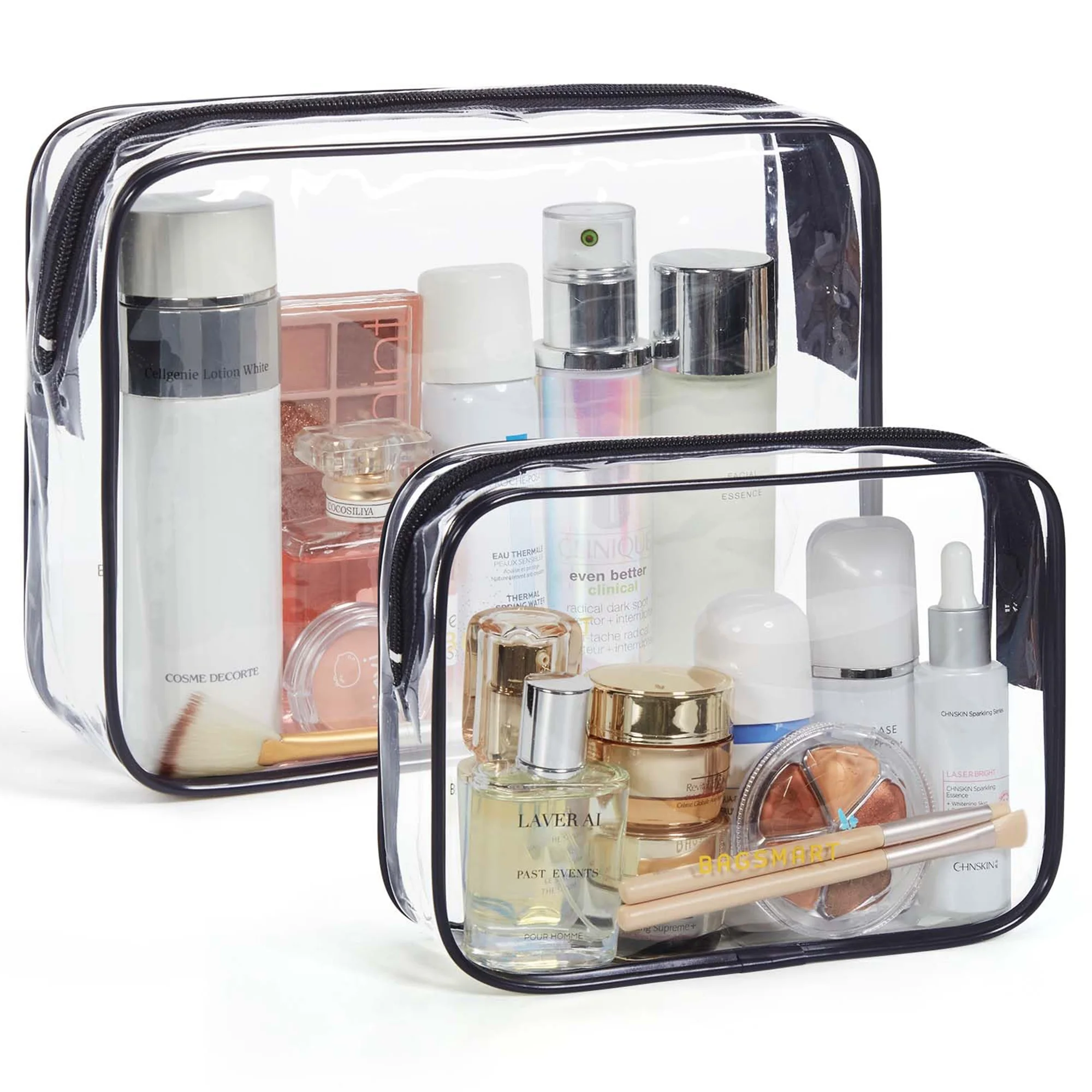 BAGSMART Clear Toiletry Bag, 2 Packs TSA Approved Water Resistant Quart Size Travel Organizer, 2 Sizes Airport Airline Travel Essential Carry On Makeup Cosmetic Bags for Women, Black