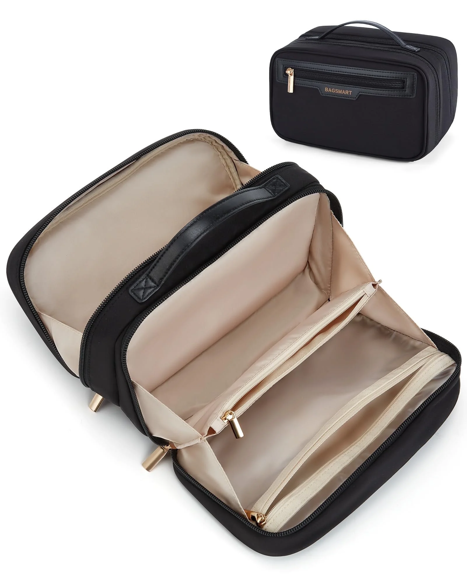BAGSMART Travel Makeup Bag, Make Up Bag with Multiple Compartments for Organizer, Durable & Compact Cosmetic Organizer for Women for Travel Accessories, Black