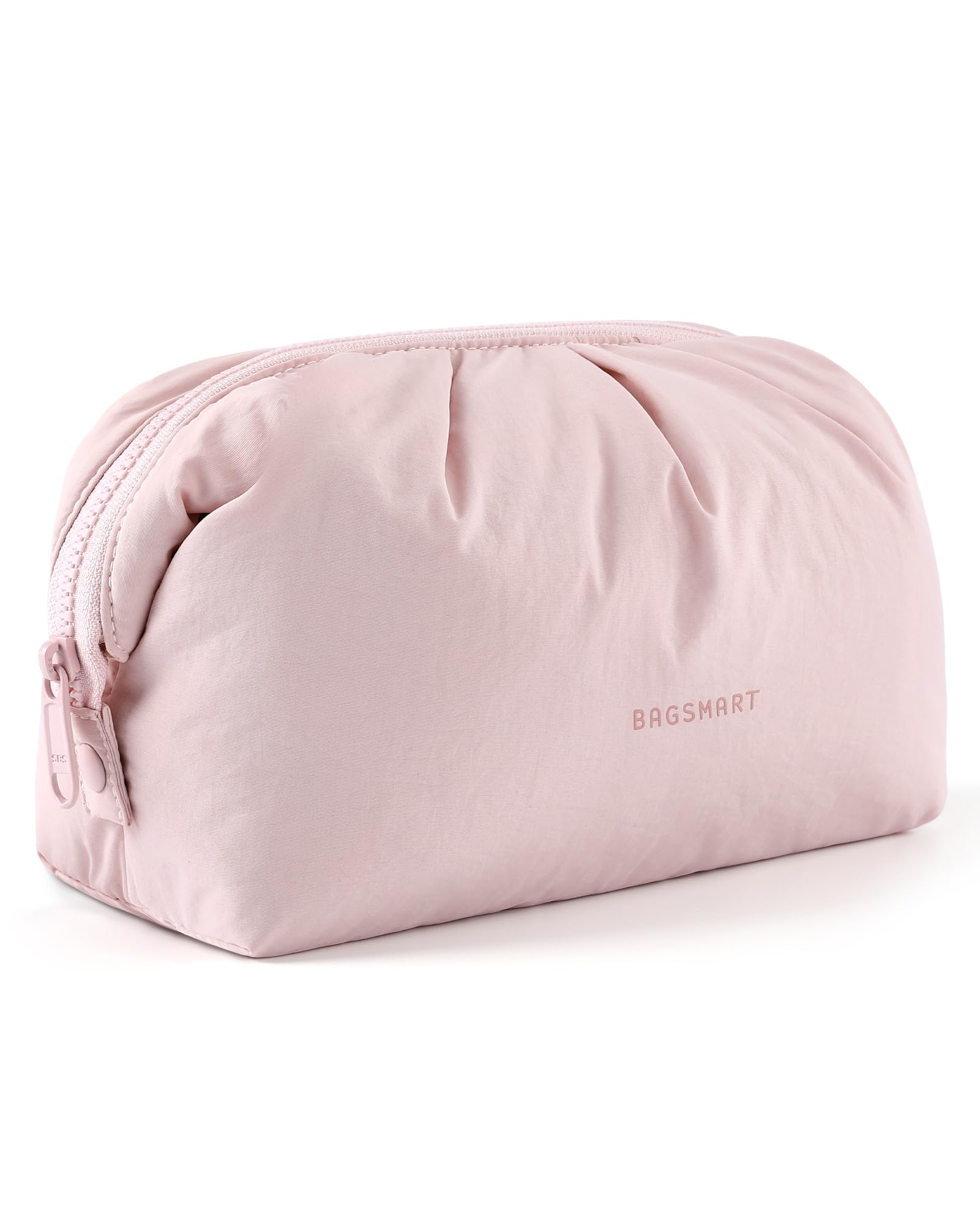BAGSMART Makeup Bag Travel Makeup Bag, Cute Make Up Bag, Large Capacity Cosmetic Bags for Women, Wide-open Makeup Pouch Travel Essentials Toiletries Accessories Brushes, Pink