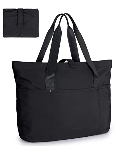 BAGSMART Tote Bag for Women, Foldable Tote Bag With Zipper Travel Large Shoulder Bag Handbag for Work, Black