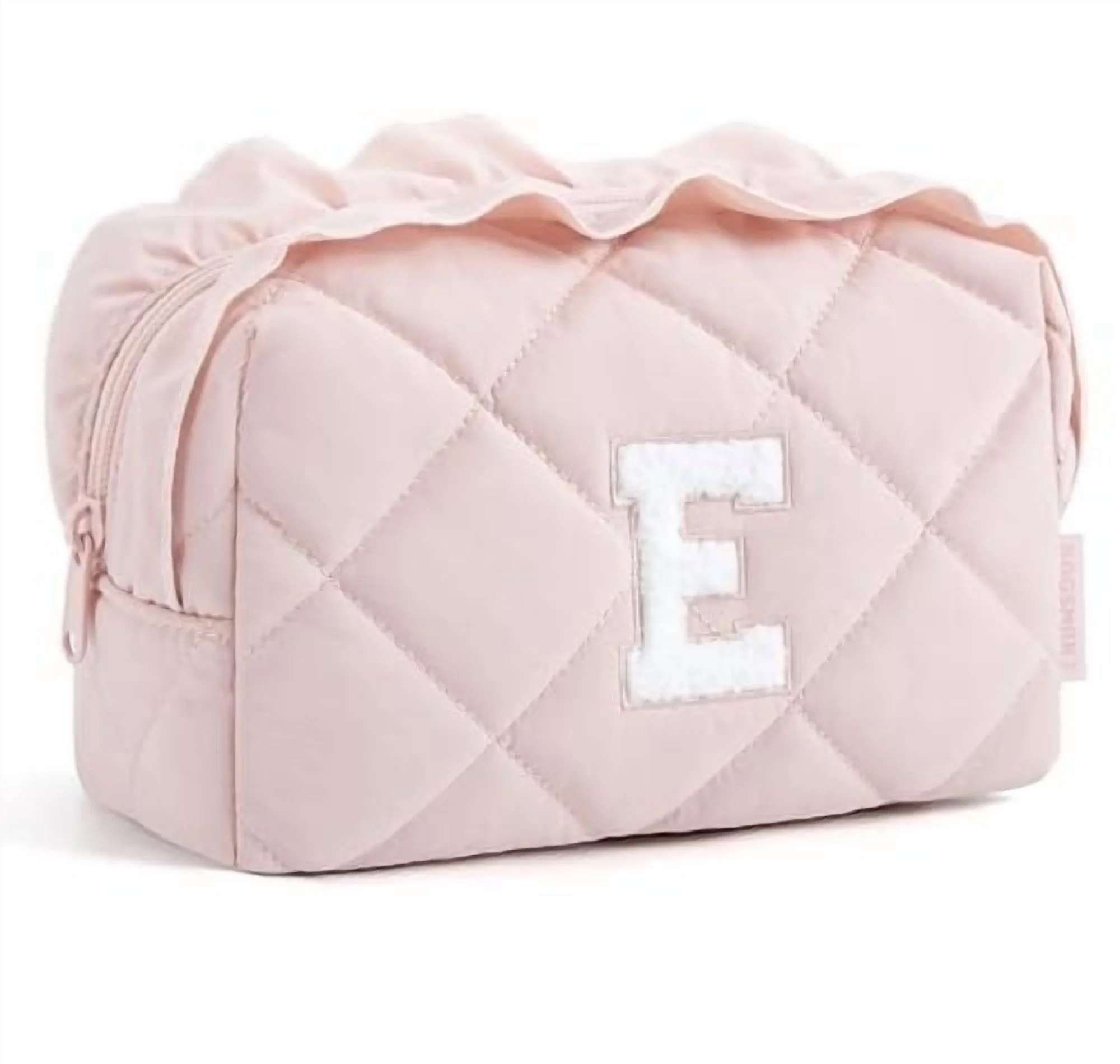 BAGSMART Small Makeup Bag, Travel Personalized Initial Cosmetic Bags for Women, Pink Makeup Pouch, Make up Organizer Case, Puffy Pouch Purse, Travel Essentials, Toiletries Accessories Brushes(E, Pink)