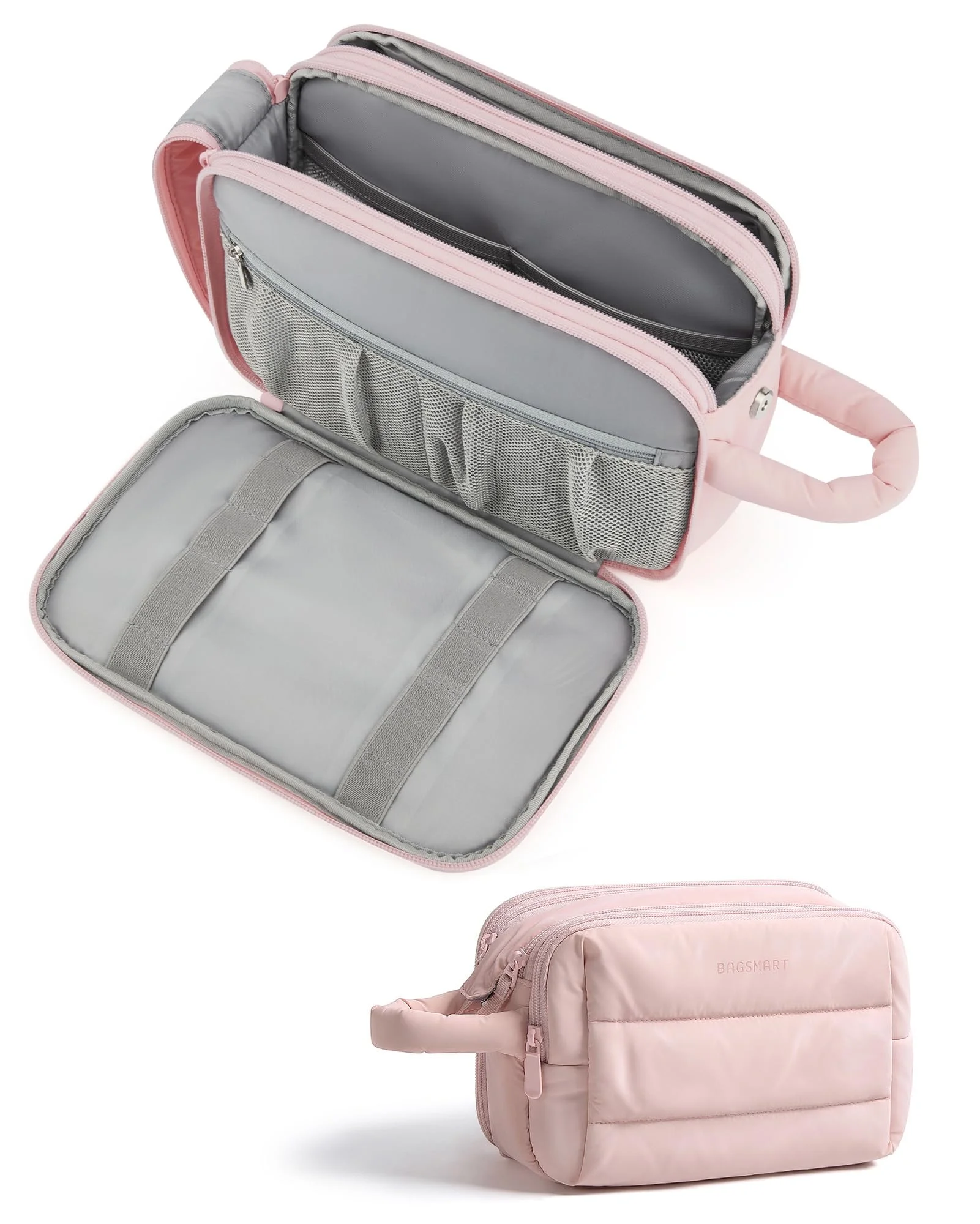 BAGSMART Travel Toiletry Bag for Women, Puffy Cosmetic Makeup Bag Organizer, Large Wide-open Travel Organizer for Toiletries, Dopp Kit Water-resistant Makeup Case for Accessories, Pink