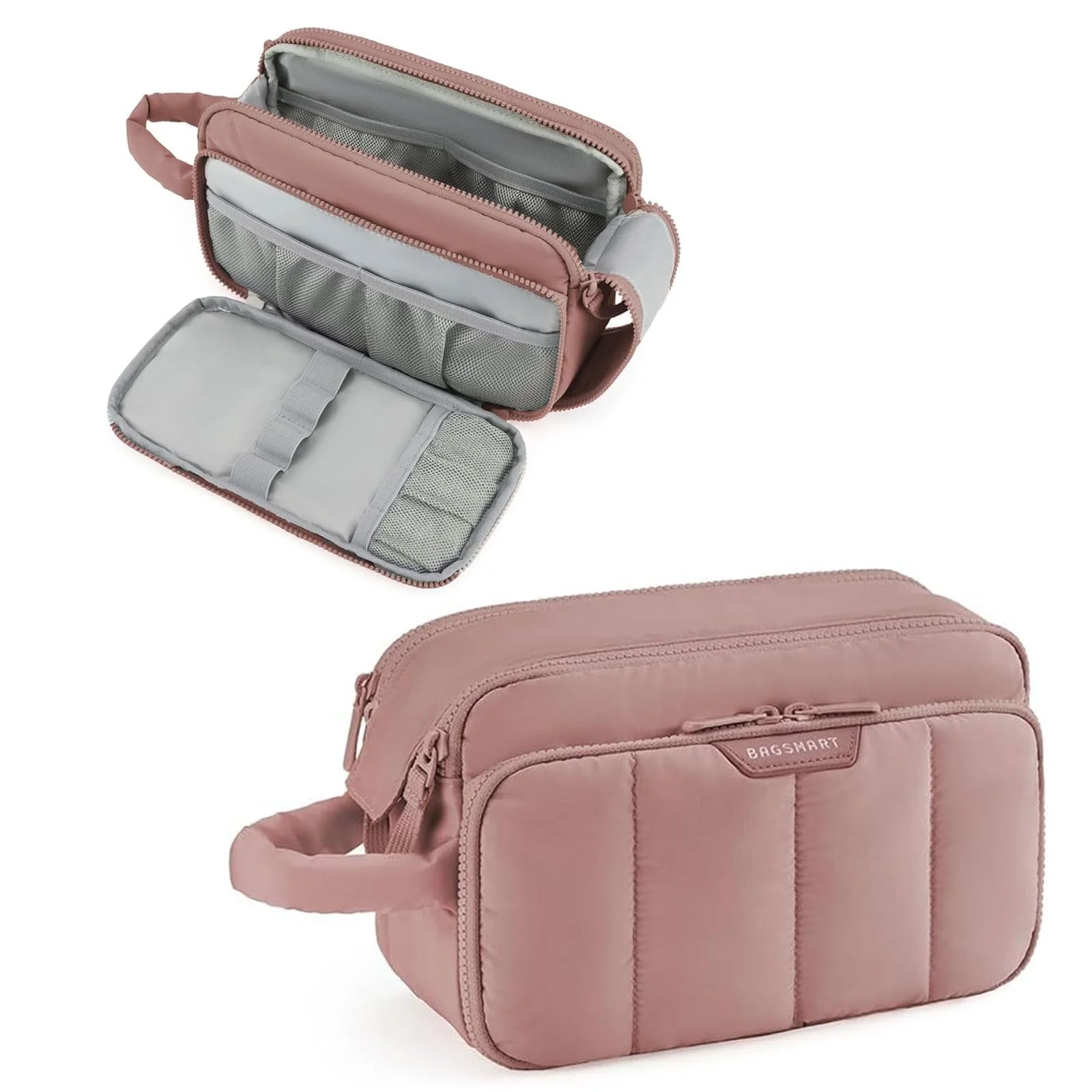 BAGSMART Travel Toiletry Bag for Women, Wide-open Makeup Bag Organizer, Puffy Make Up Case, Large Capacity Cosmetic Organizer for Women for Travel Essentials Toiletries Accessories Bottles,Dark Pink