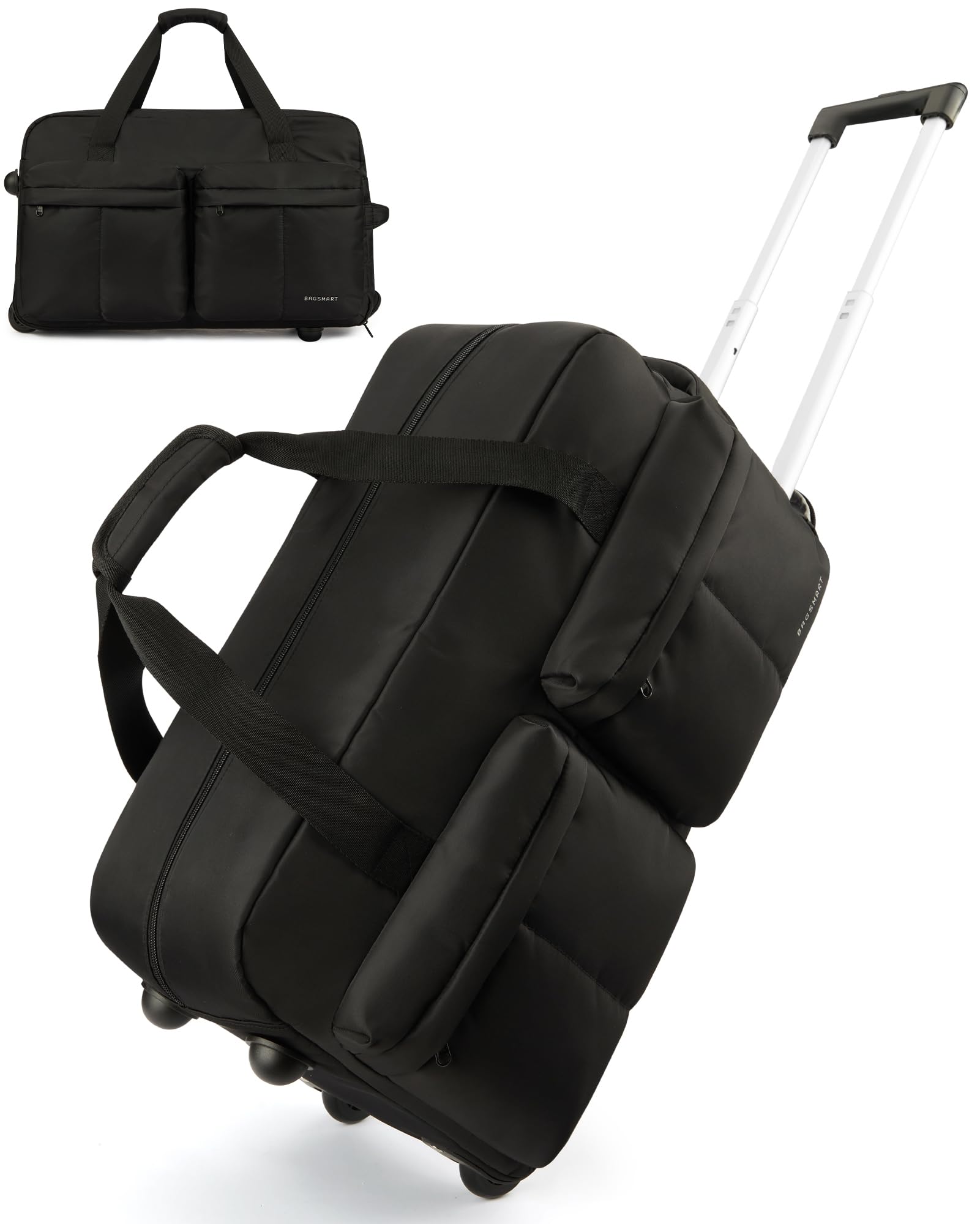 BAGSMART Rolling Duffle Bag with Wheels, Carry On Wet Pocket Duffel for Travel with Handle, Black
