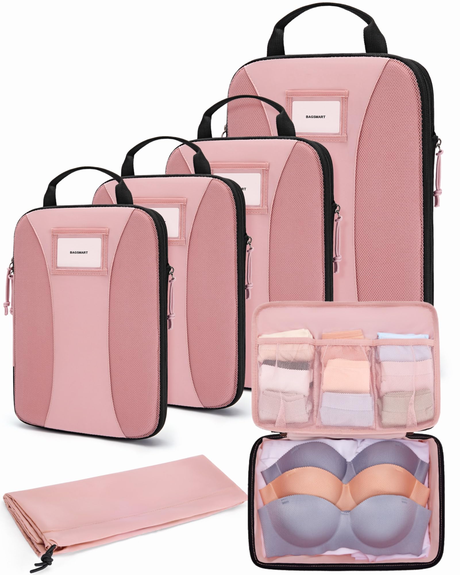 BAGSMART Compression Packing Cubes for Travel Luggage Organizers, 6 Set Expandable Foldable Lightweight Suitcase Storage Bags for Women Men, Travel Accessories Essentials, Pink