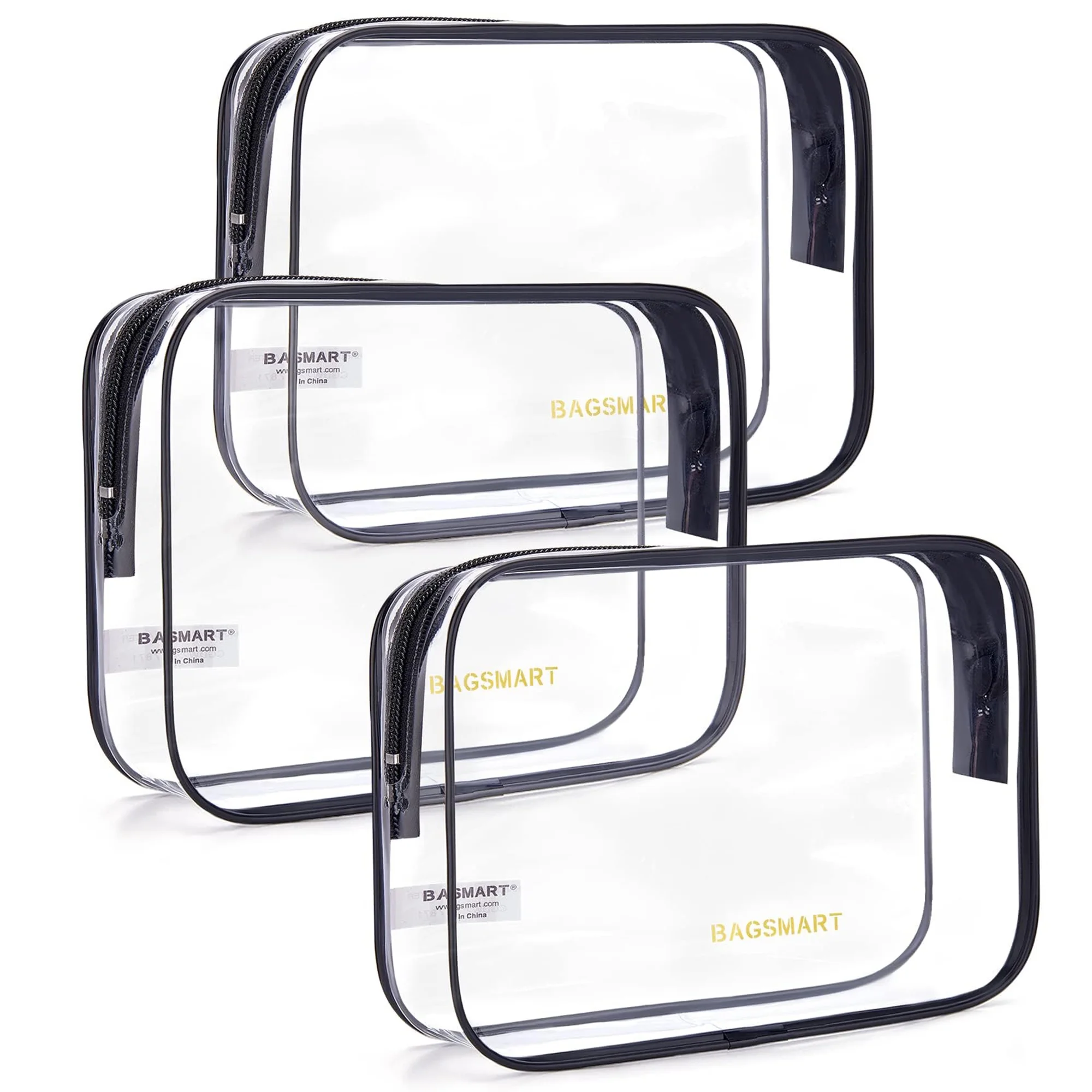 BAGSMART Clear Toiletry Bag, 3 Packs TSA Approved Water resistant Quart Size Travel Organizer, Airport Airline Travel Essential Carry On Makeup Cosmetic Bags for Women, Black