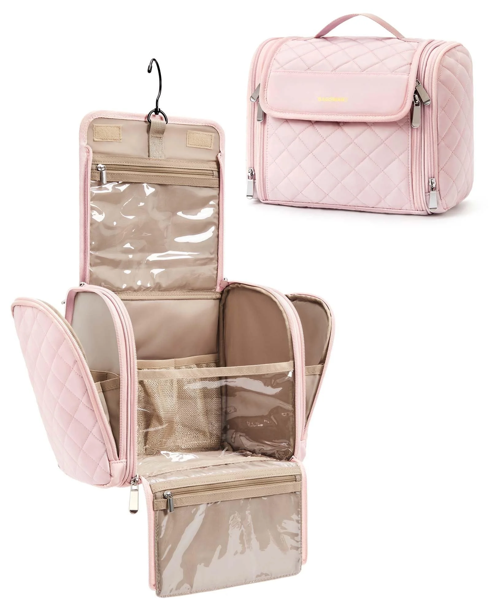BAGSMART Makeup Bag for Women with Hanging Hook - Portable Cosmetic Case, Large Capacity Door Room Essentials Travel Organizer for Full Sized Cosmetics and Toiletries, Pink