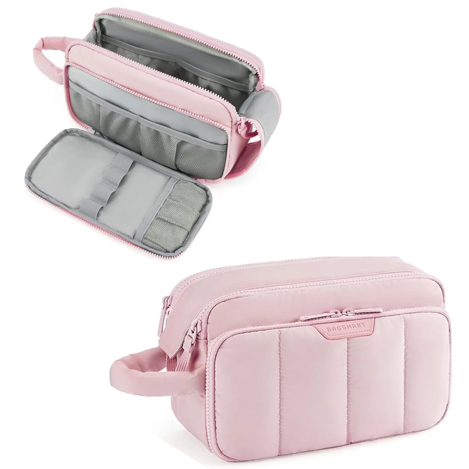 BAGSMART Travel Toiletry Bag for Women, Wide-open Makeup Bag Organizer, Puffy Make Up Case, Large Capacity Cosmetic Organizer for Women for Travel Essentials Toiletries Accessories Bottles,Pink