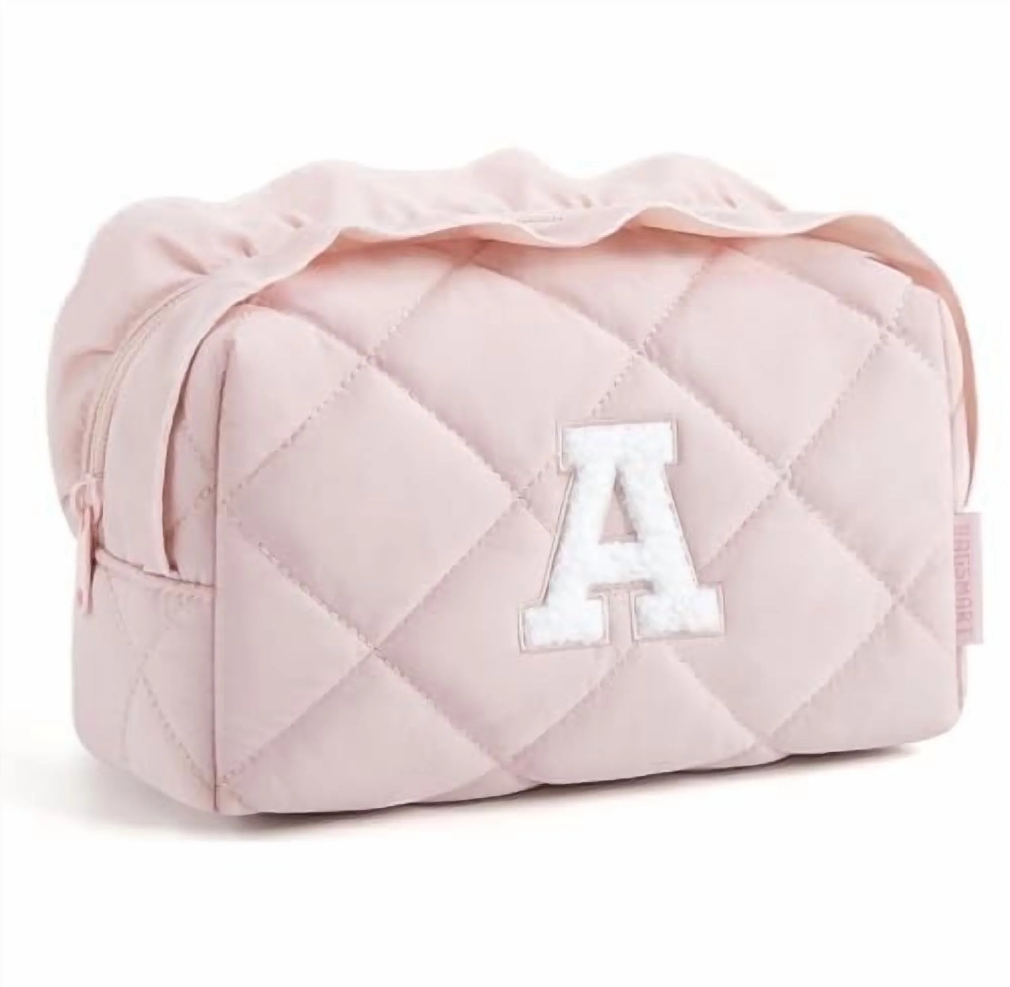 BAGSMART Small Makeup Bag, Travel Personalized Initial Cosmetic Bags for Women, Pink Makeup Pouch, Make up Organizer Case, Puffy Pouch Purse, Travel Essentials, Toiletries Accessories Brushes