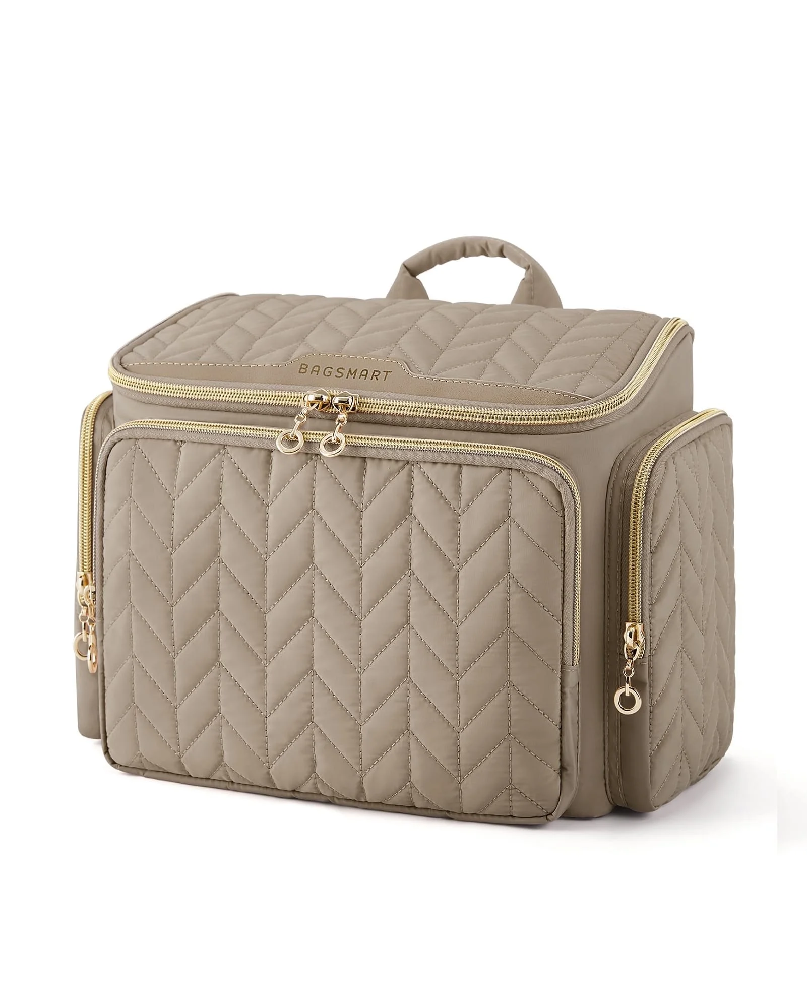 BAGSMART Travel Toiletry Bag, Large Wide-open Travel Bag for Toiletries, Makeup Cosmetic Travel Bag with Handle, Camel