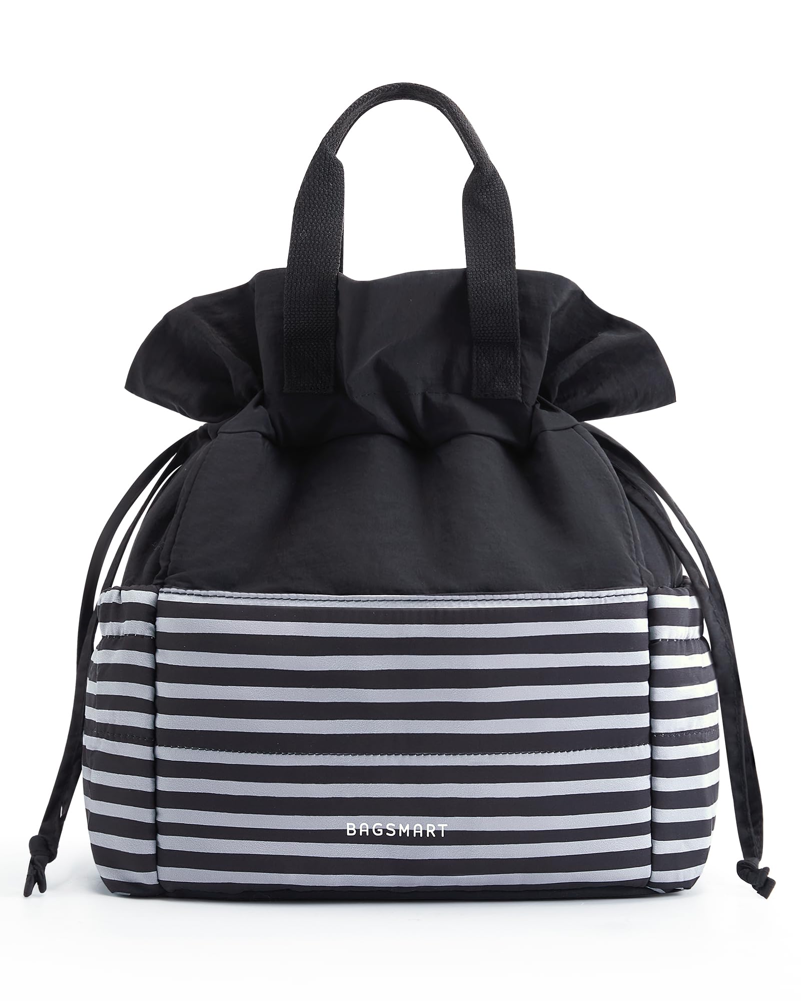 BAGSMART Lunch Bag Women Cute Lunch Box Drawstring Tote Cooler with Multi-Pockets Cinch Closure Insulated Tote for Work, Office, Outdoors, Black