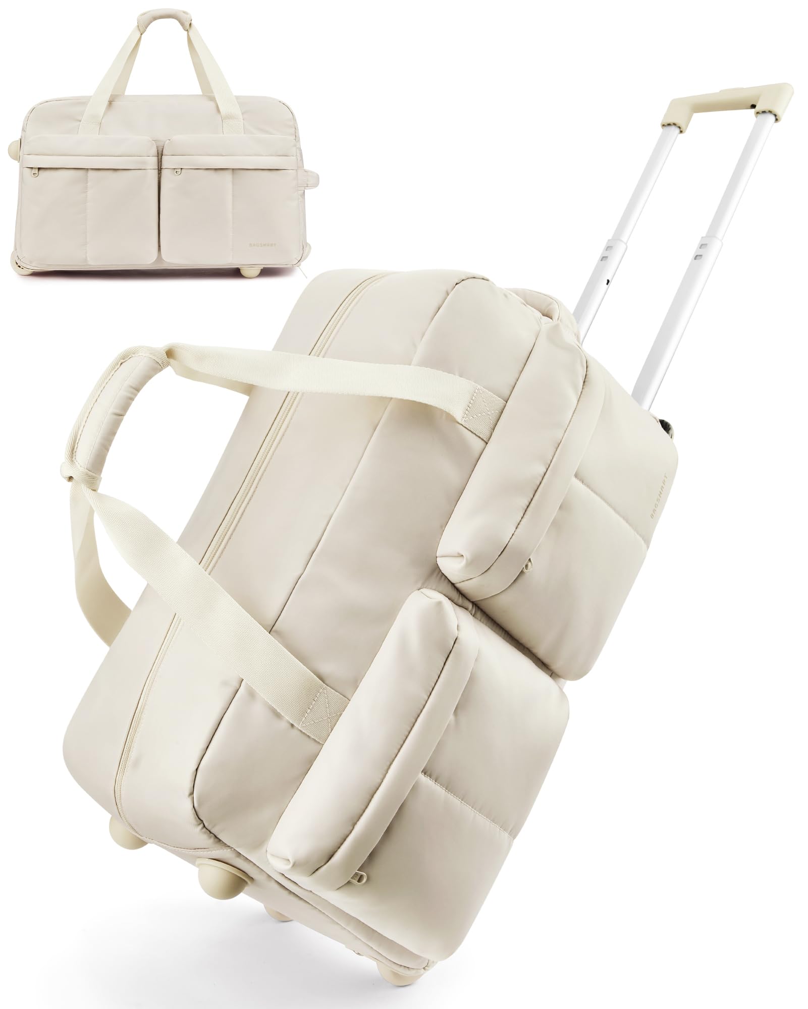 BAGSMART Rolling Duffle Bag with Wheels, Carry On Wet Pocket Duffel for Travel with Handle, Cream