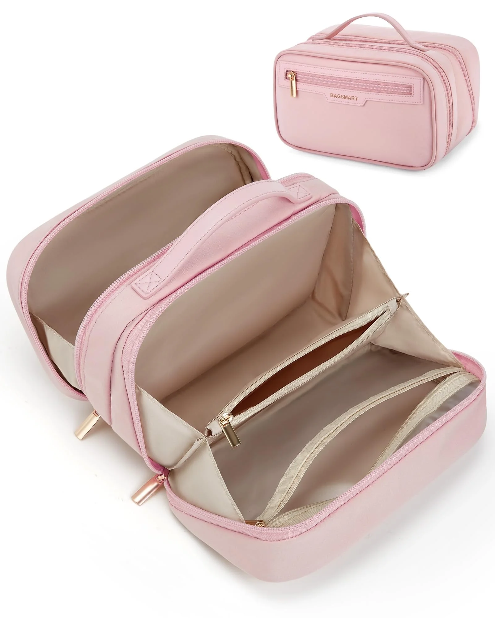 BAGSMART Travel Makeup Bag, Make Up Bag with Multiple Compartments for Organizer, Durable & Compact Cosmetic Organizer for Women for Travel Accessories, Pink