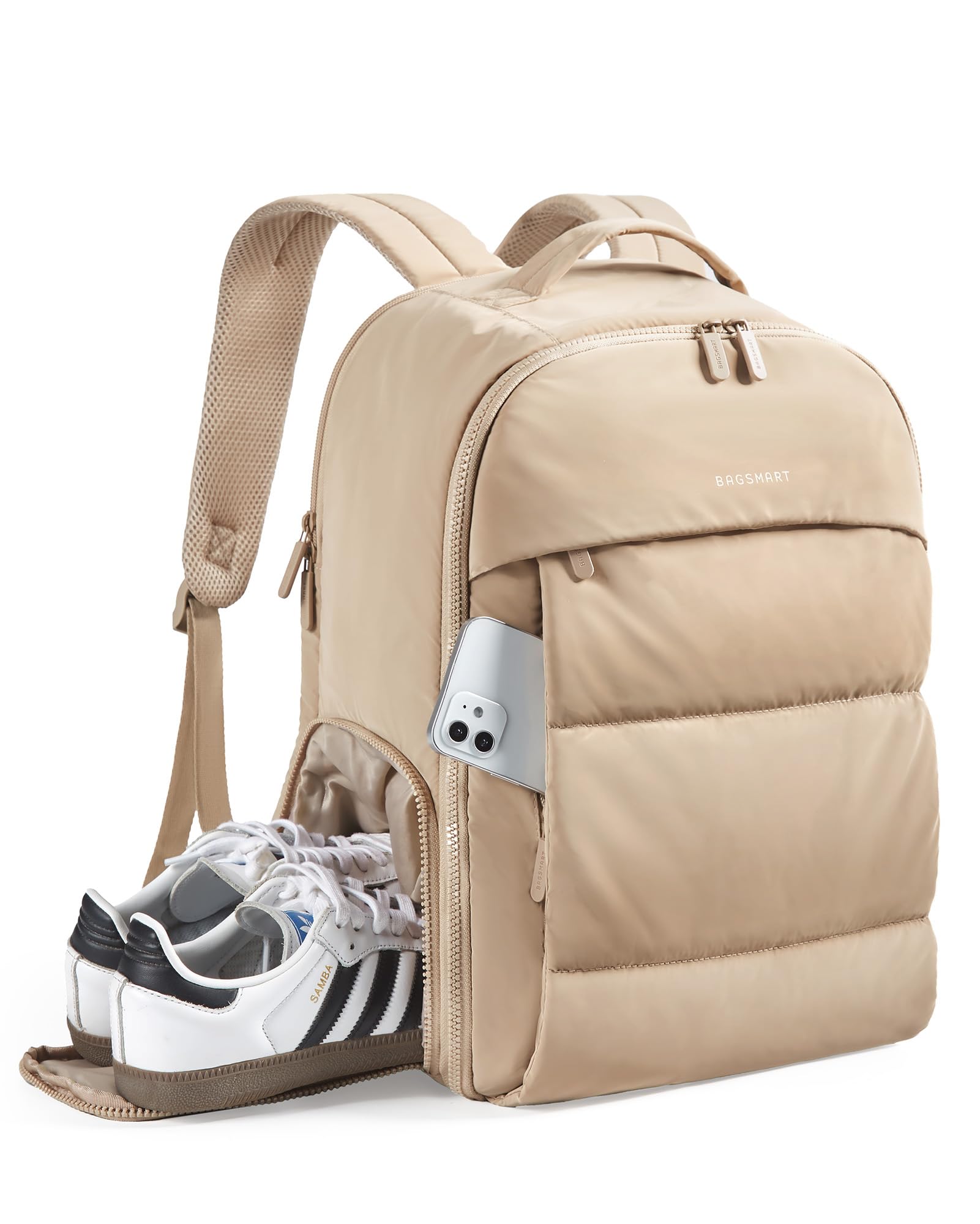 BAGSMART 30L Travel Backpack for Women, Carry on Backpack for Airplanes, Gym Backpack with Shoe Compartment, Lightweight Travel Bag Fits 15.6 Inch, Water-Resistant, Camel