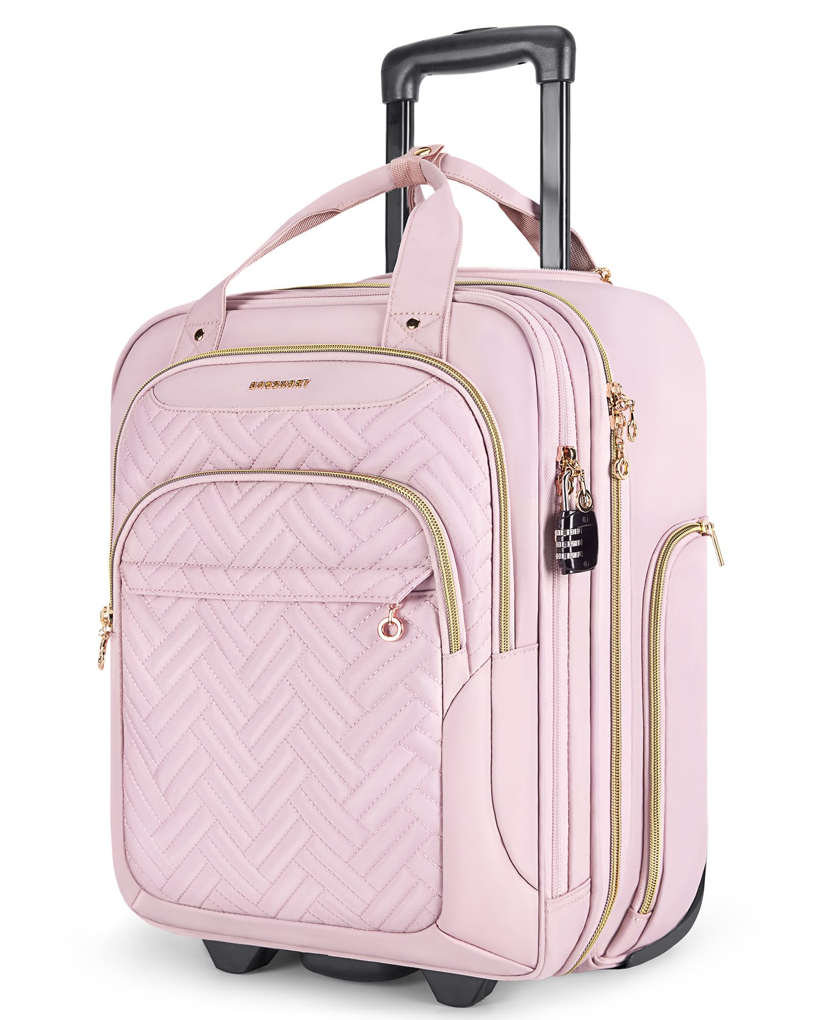 BAGSMART Underseat Carry On Luggage Airline approved,16-inch Underseater Softside Travel Suitcase with Wheels Lightweight Overnight Rolling Carry-on Luggage for Women Men Weekender, Pink