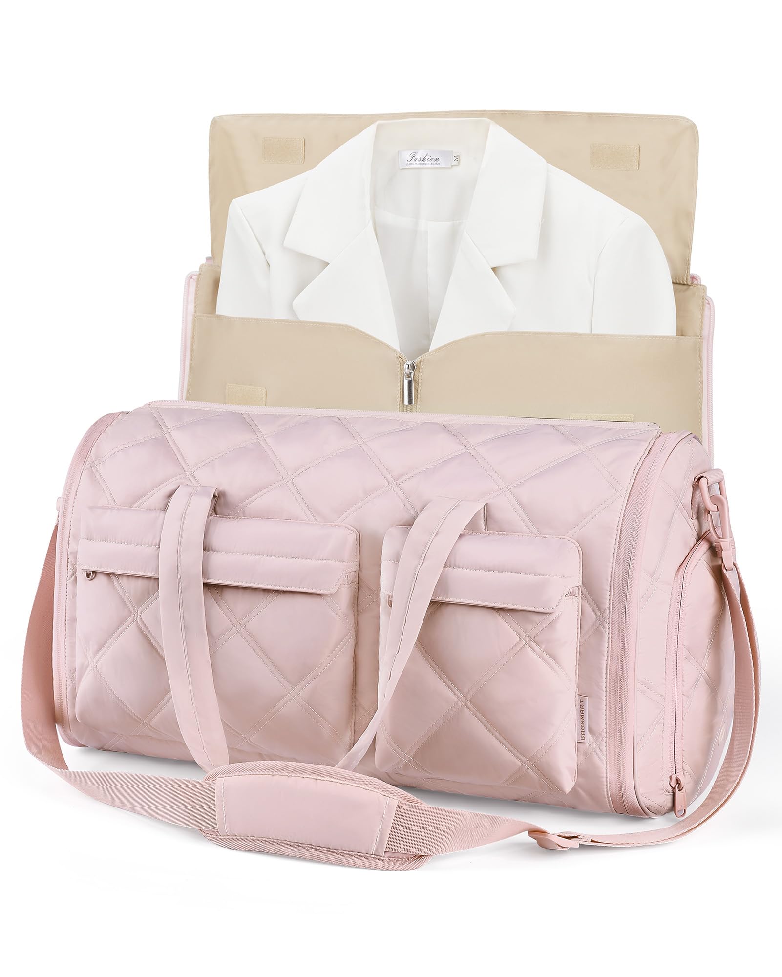 BAGSMART Garment Bags for Travel for Women, Convertible Garment Duffel Bag Suit Bag, 2 in 1 Puffy Garment Bags for Hanging Clothes, Carry on Travel Duffle Bag Combo with Shoe Compartment, Light Pink