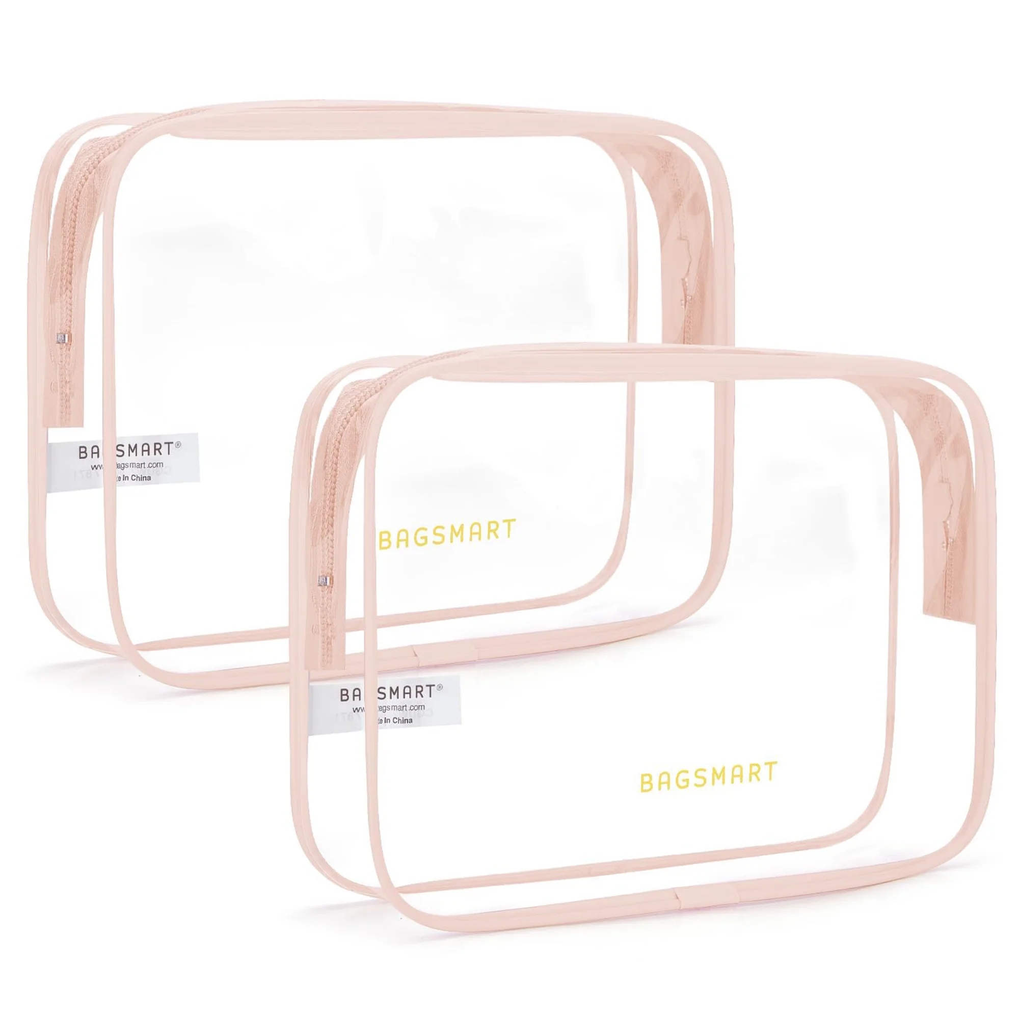 BAGSMART Clear Toiletry Bag, 2 Packs TSA Approved Water Resistant Quart Size Travel Organizer, Airport Airline Travel Essential Carry On Makeup Cosmetic Bags for Women, Nude Pink