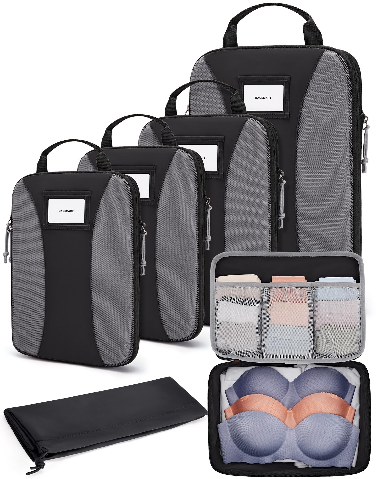 BAGSMART Compression Packing Cubes for Travel Luggage Organizers, 6 Set Expandable Foldable Lightweight Suitcase Storage Bags for Women Men, Travel Accessories Essentials, Black