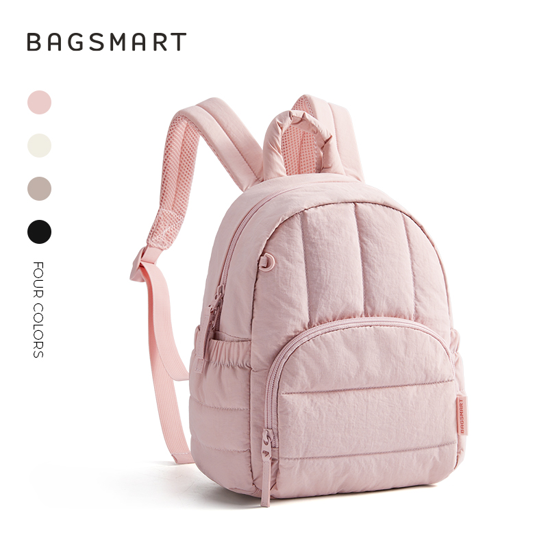BAGSMART Mini Backpack for Women, Lightweight Puffer Small Backpack Purse, Quilted Casual Travel Daypack, Cute Water-Resistant Bookbag for Daily, Pink