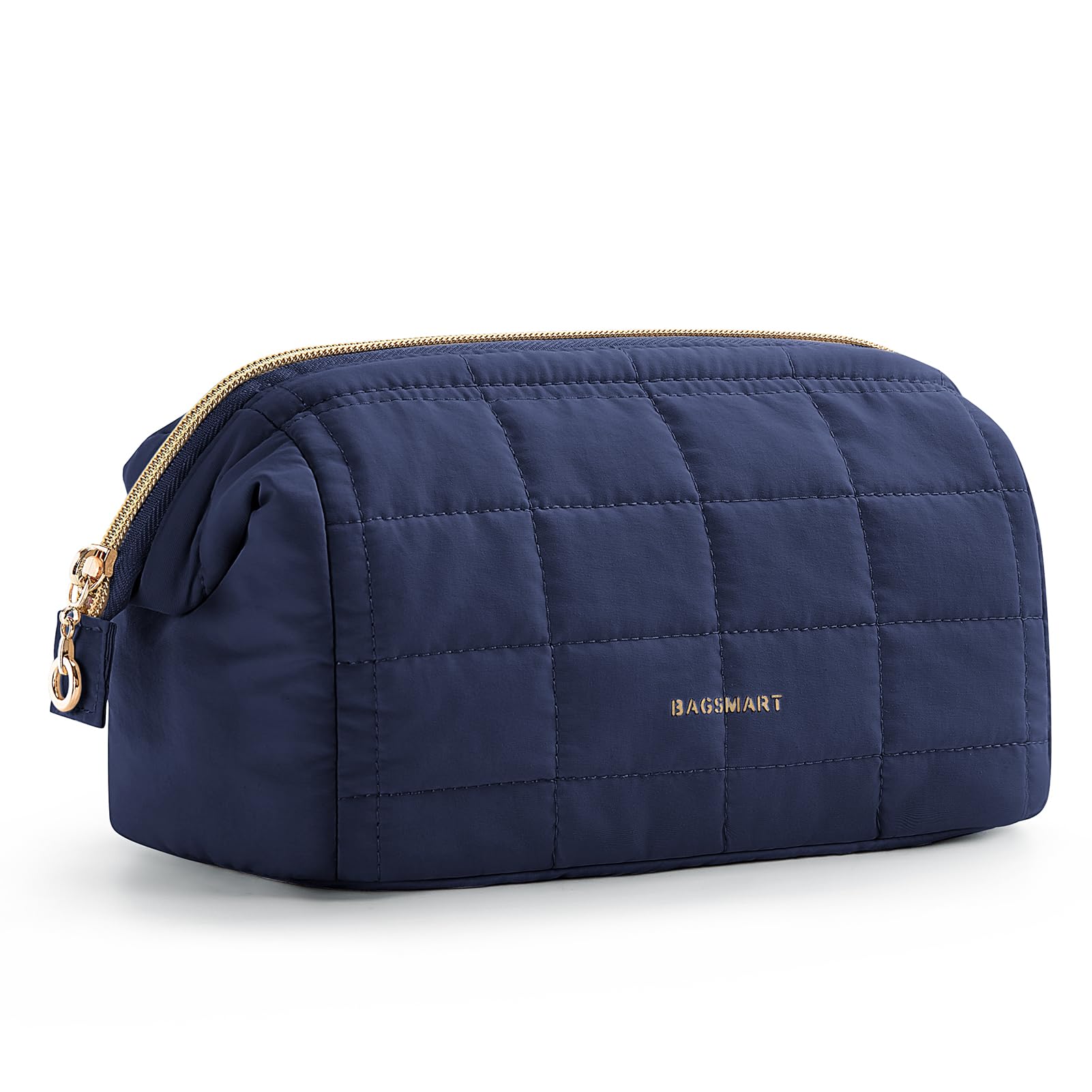 BAGSMART Wide-open Makeup Bag Cosmetic Pouch Organizer Travel Toiletry Bag Essentials Accessories for Women Girls, Quilted Navy Blue