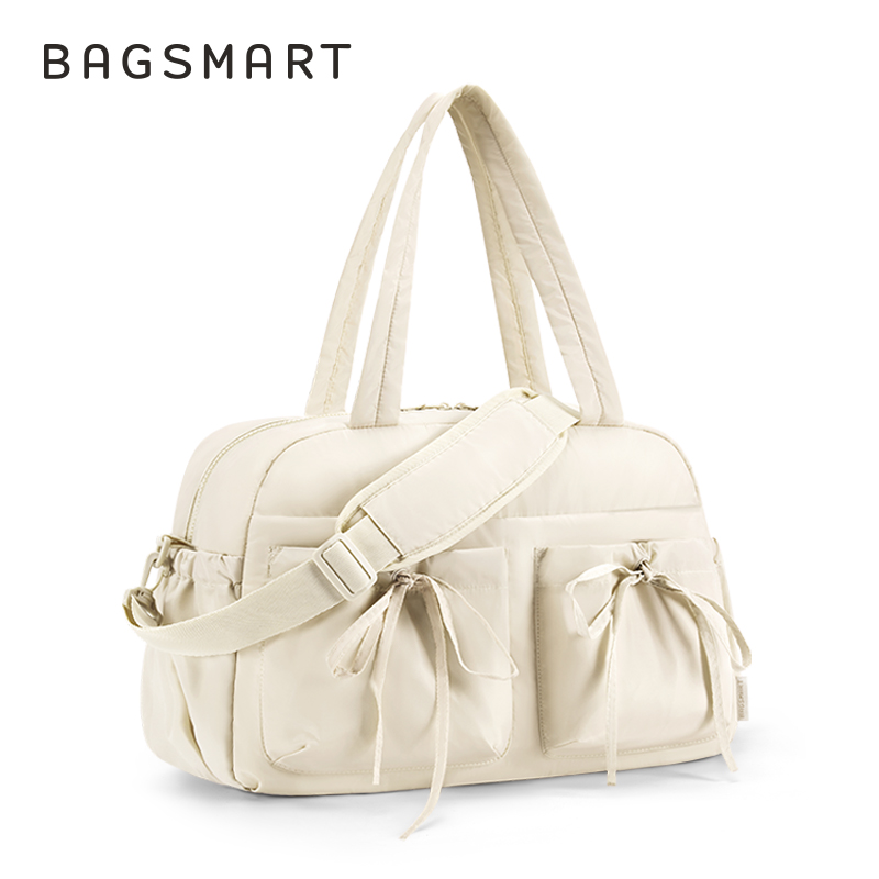 BAGSMART Travel Duffel Bag for Women, Carry on Weekender Bags with Bowtie, Water Resistant Workout Bag Sports, Cream
