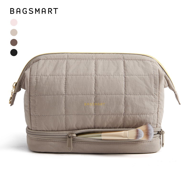 BAGSMART Double Layer Makeup Bag Wide-open Cosmetic Pouch Organizer Travel Toiletry Bag Essentials Accessories for Women Girls, Quilted Camel